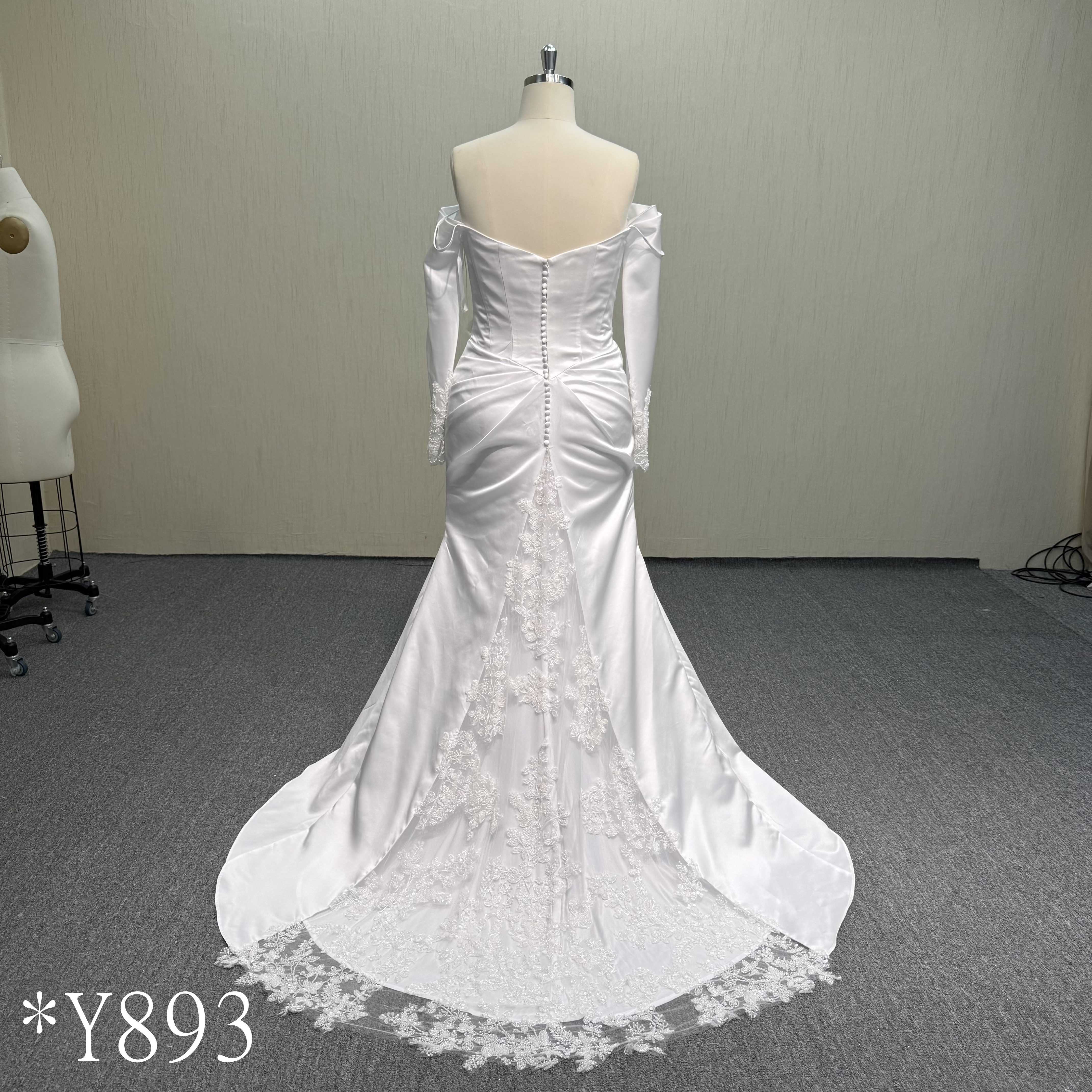 Y893 Beaded Mermaid Gown with Deep Back & Covered Button wedding dress