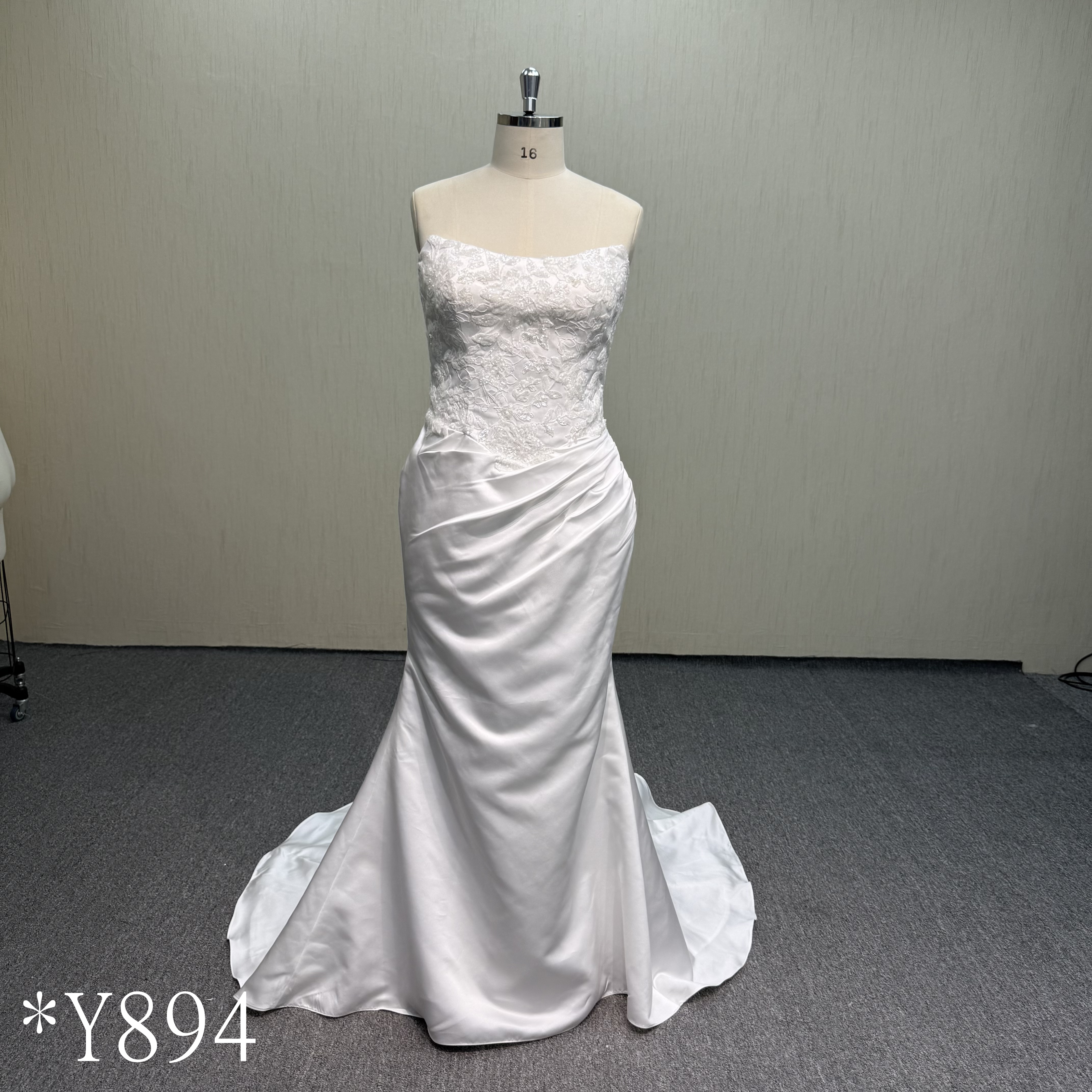 Y894 Plus Size Satin Gown with Full Lace Bodice and Pearl Button Down Back