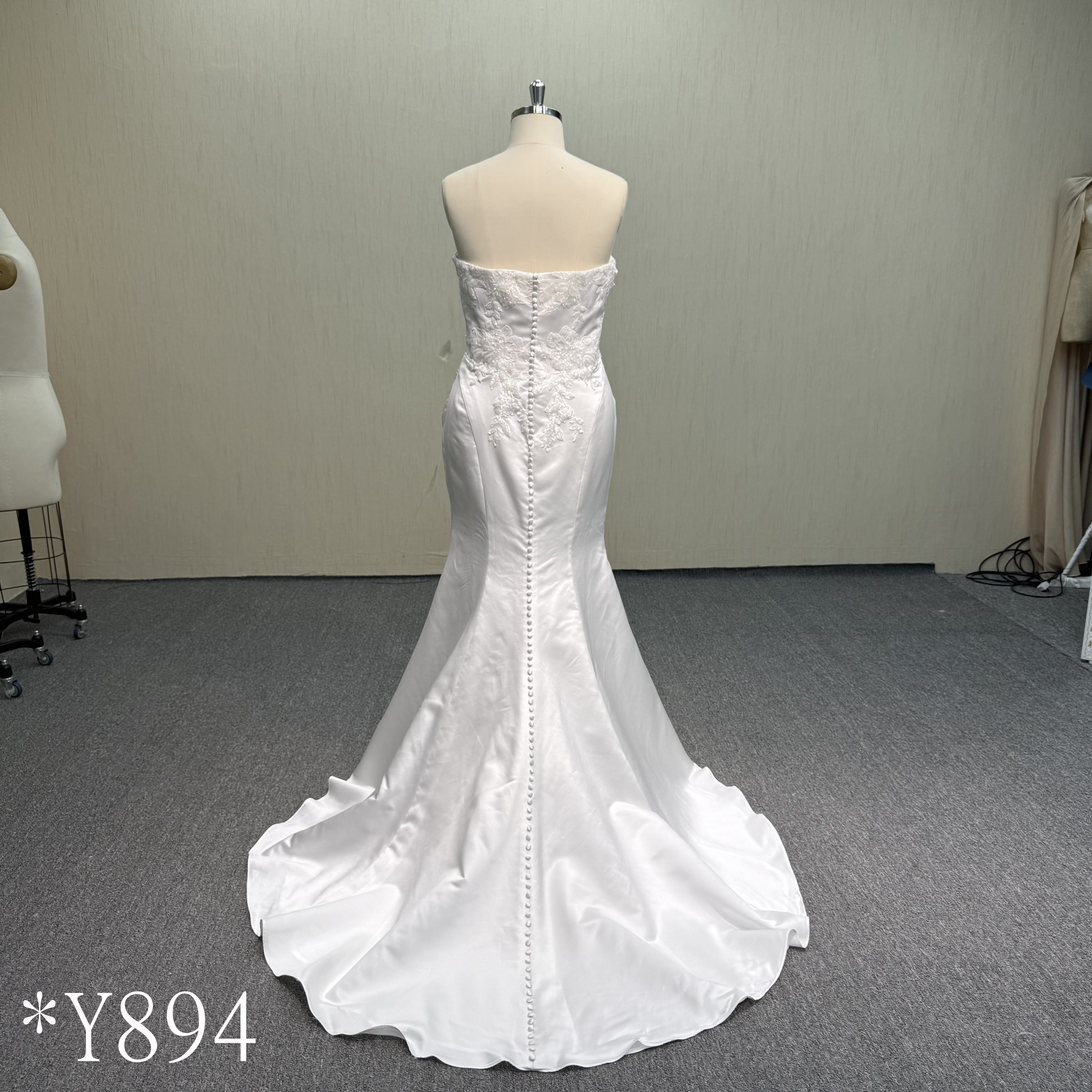Y894 Plus Size Satin Gown with Full Lace Bodice and Pearl Button Down Back
