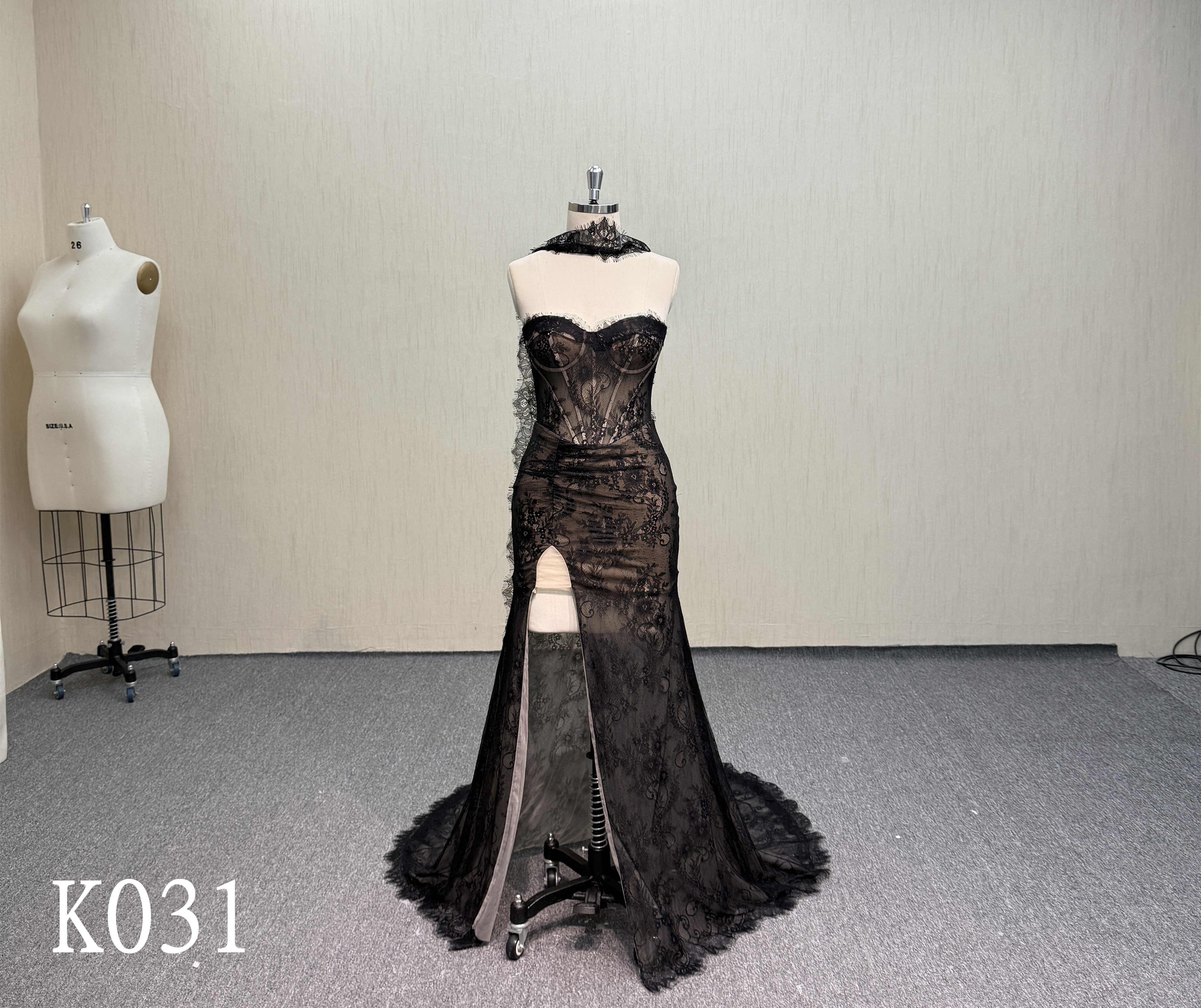 K031 Black Lace High Slit Bridal Gown with Sweetheart Neckline.