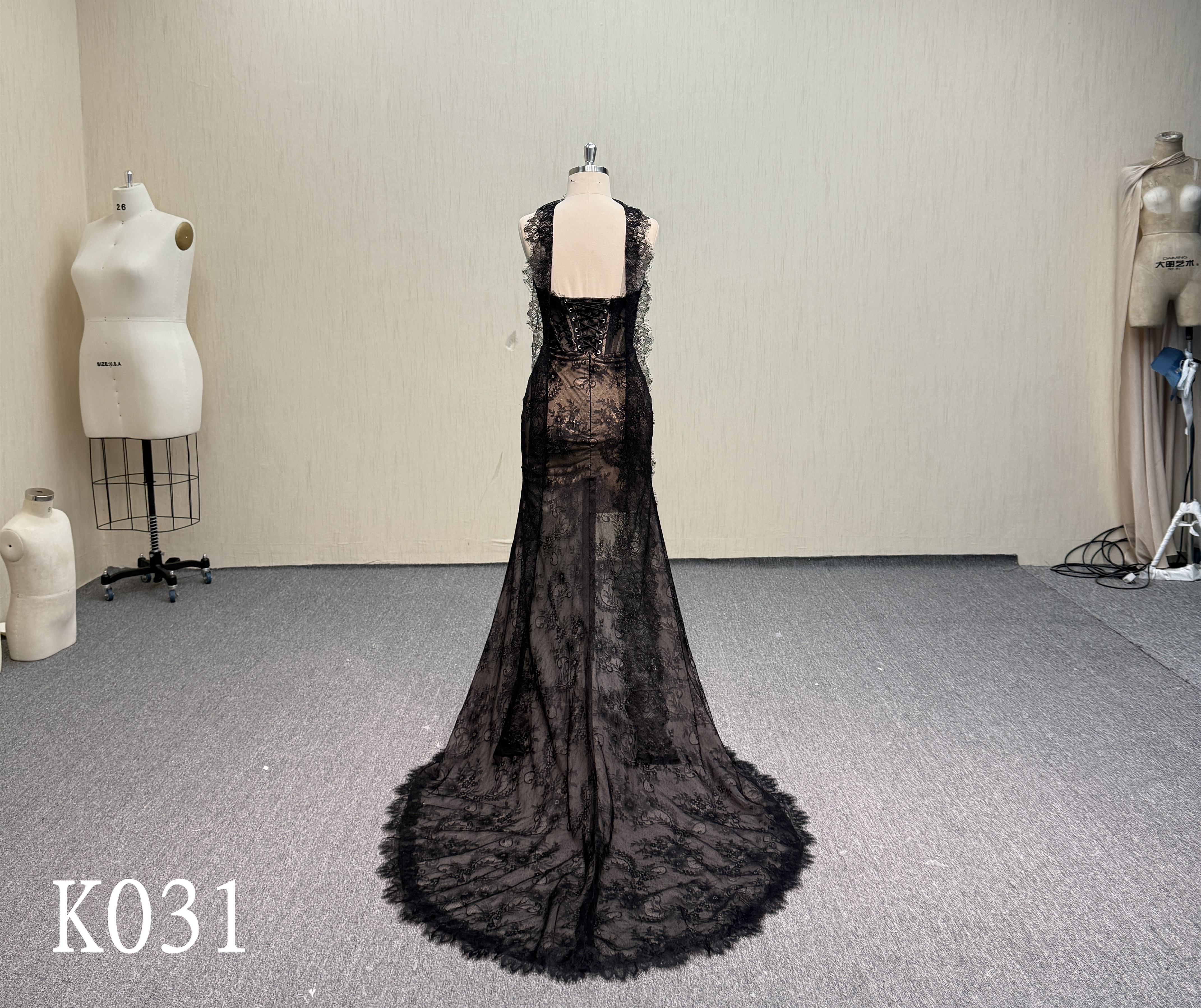 K031 Black Lace High Slit Bridal Gown with Sweetheart Neckline.