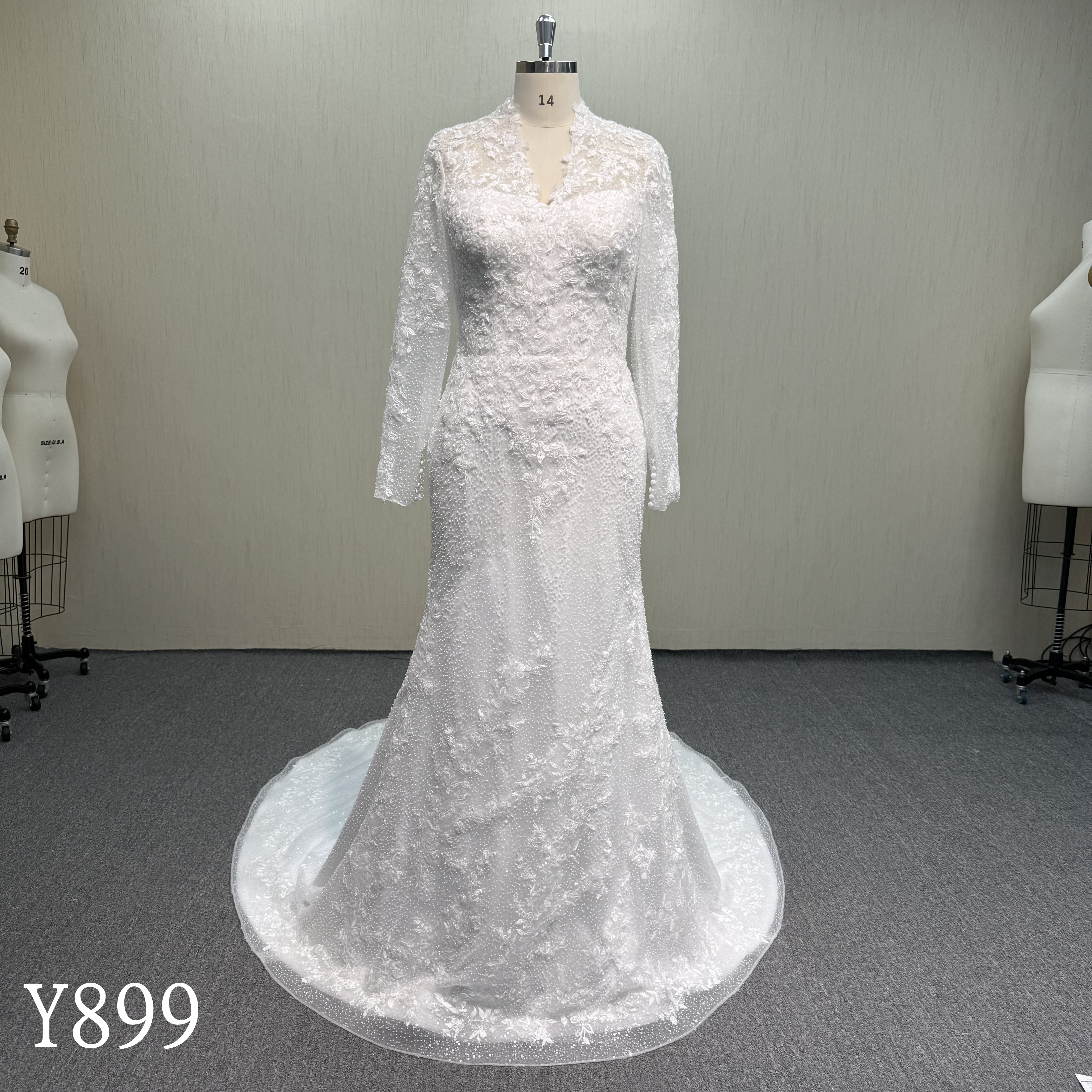 Y899 Sparkling High Neck Mermaid Fit-and-Flare Lace Wedding Gown.