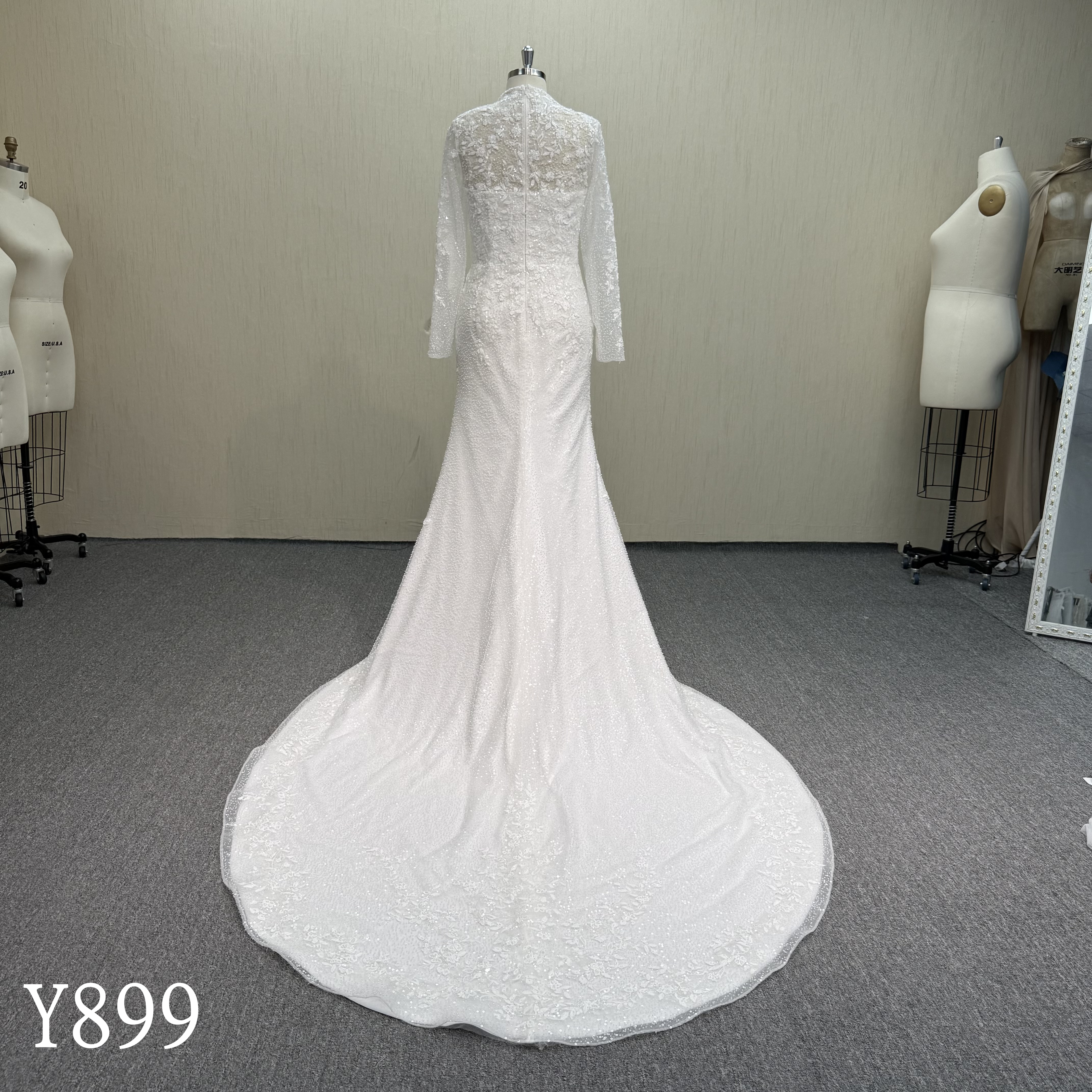 Y899 Sparkling High Neck Mermaid Fit-and-Flare Lace Wedding Gown.