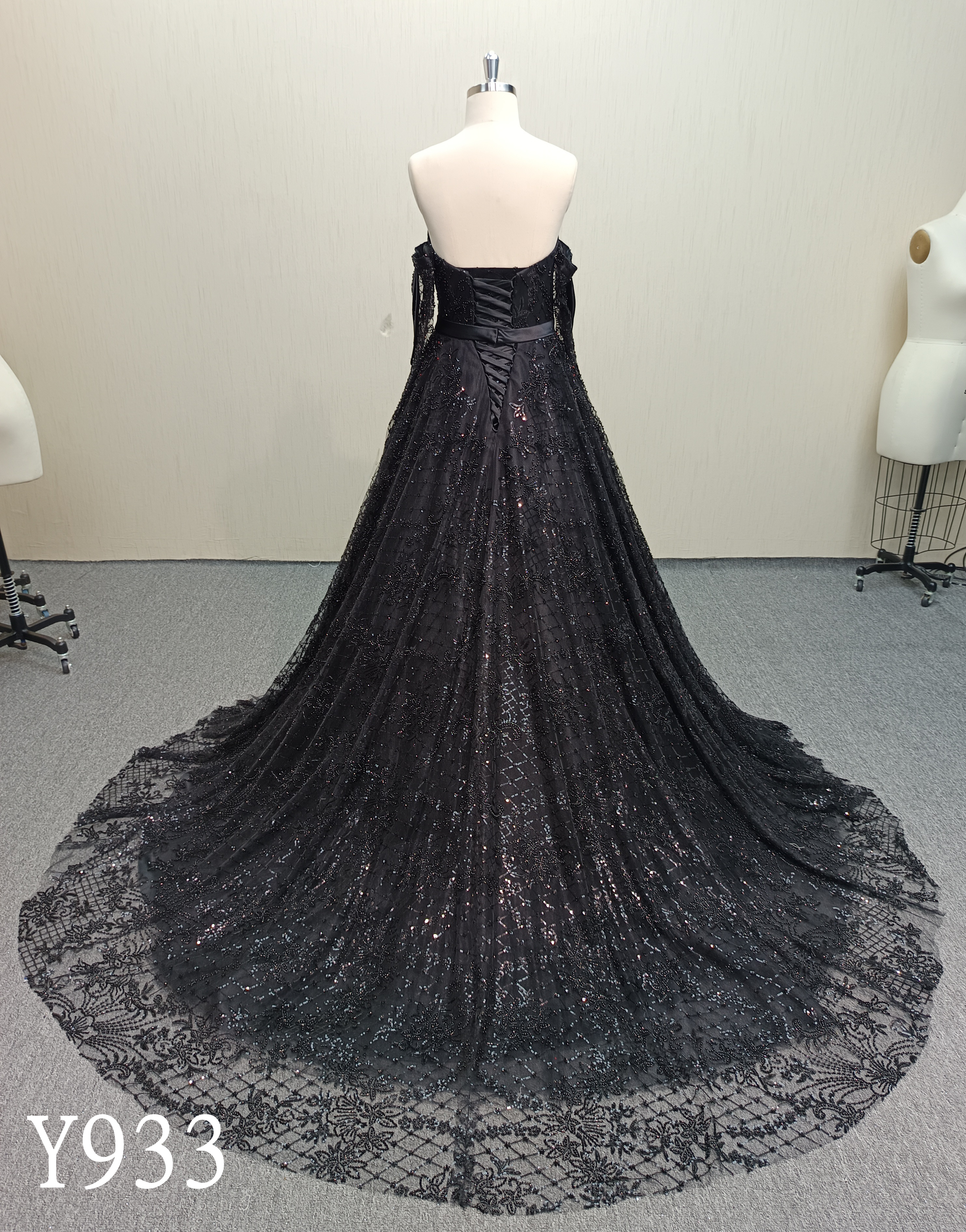 Y933 Romantic Dark Bridal Dress with Draped Sleeves and Floral Lace.