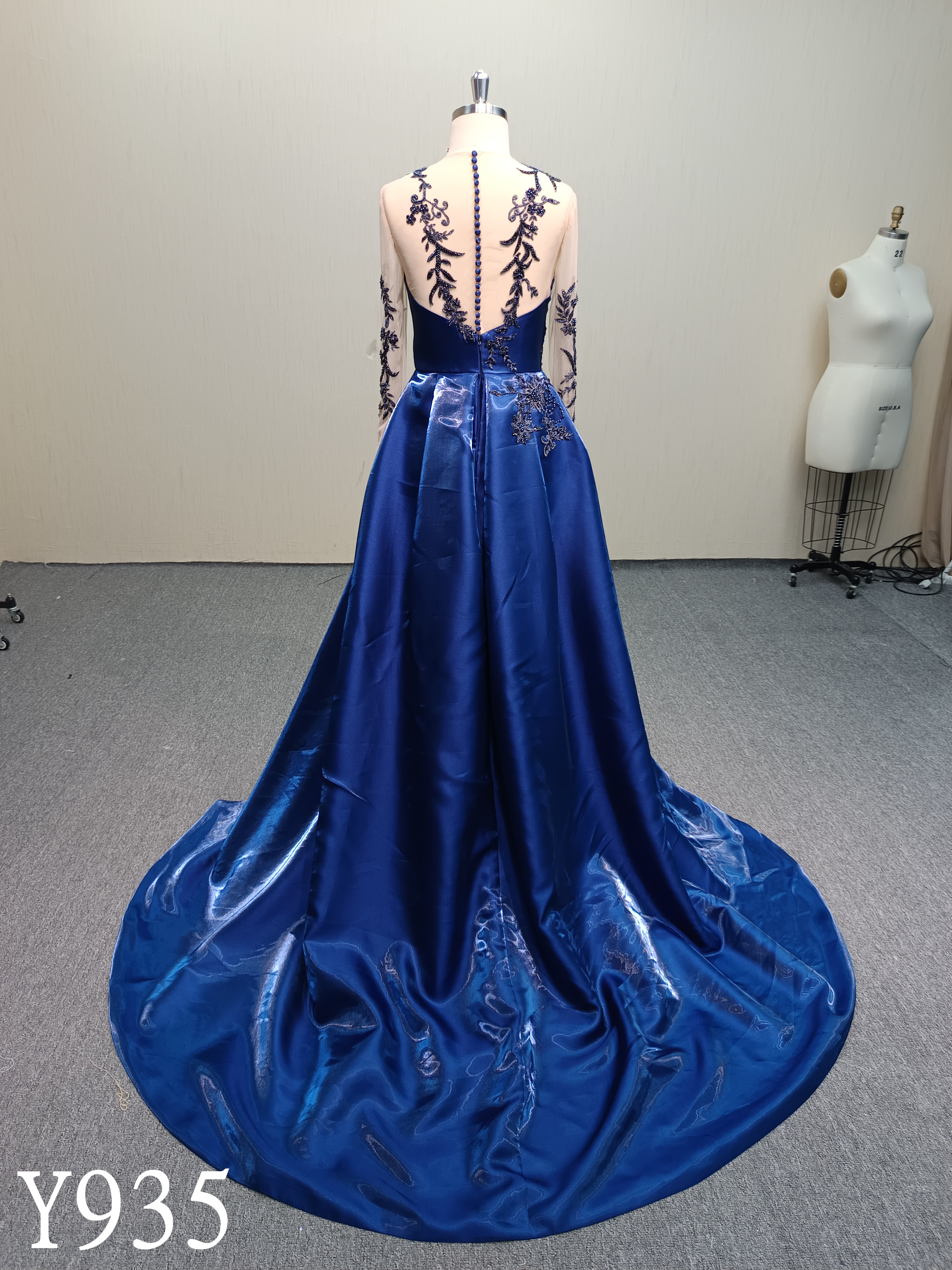 Y935 Long Sleeve Blue Wedding Dress with Button Back and Train.