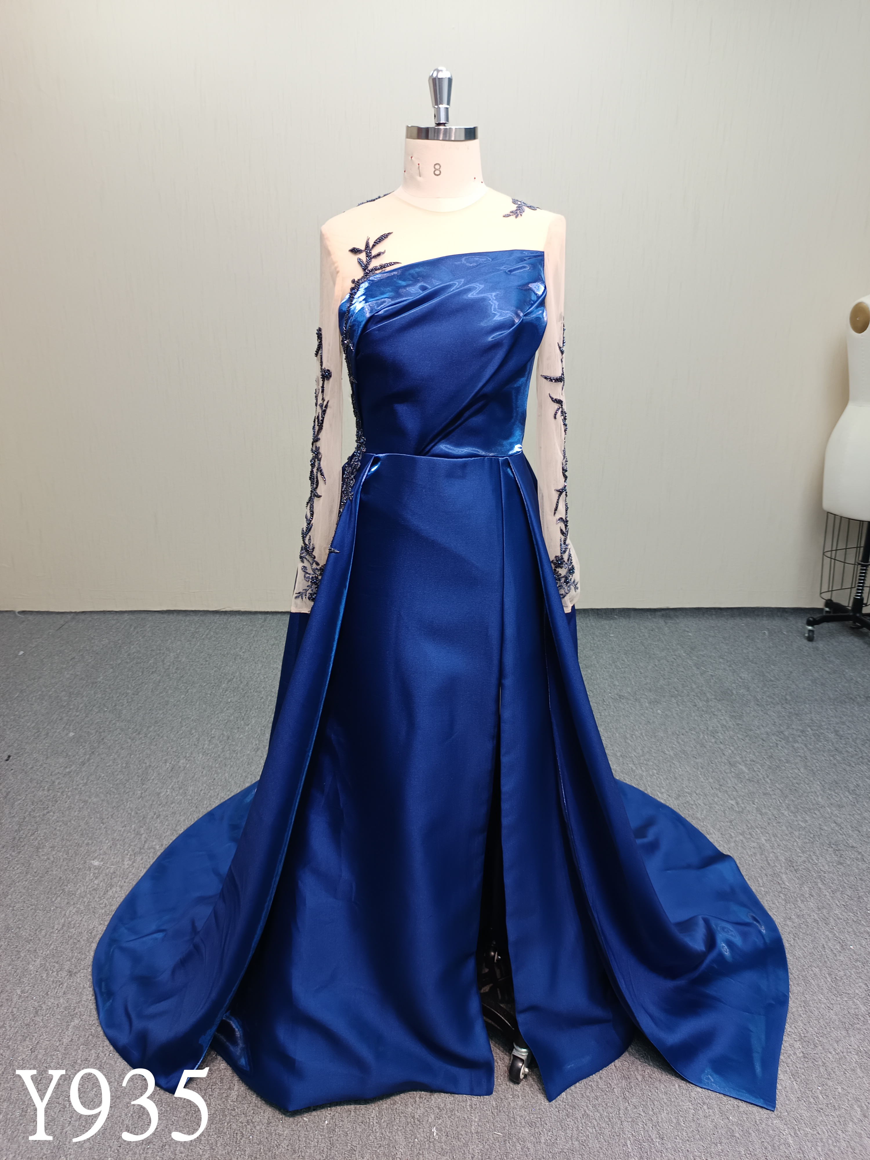 Y935 Long Sleeve Blue Wedding Dress with Button Back and Train.