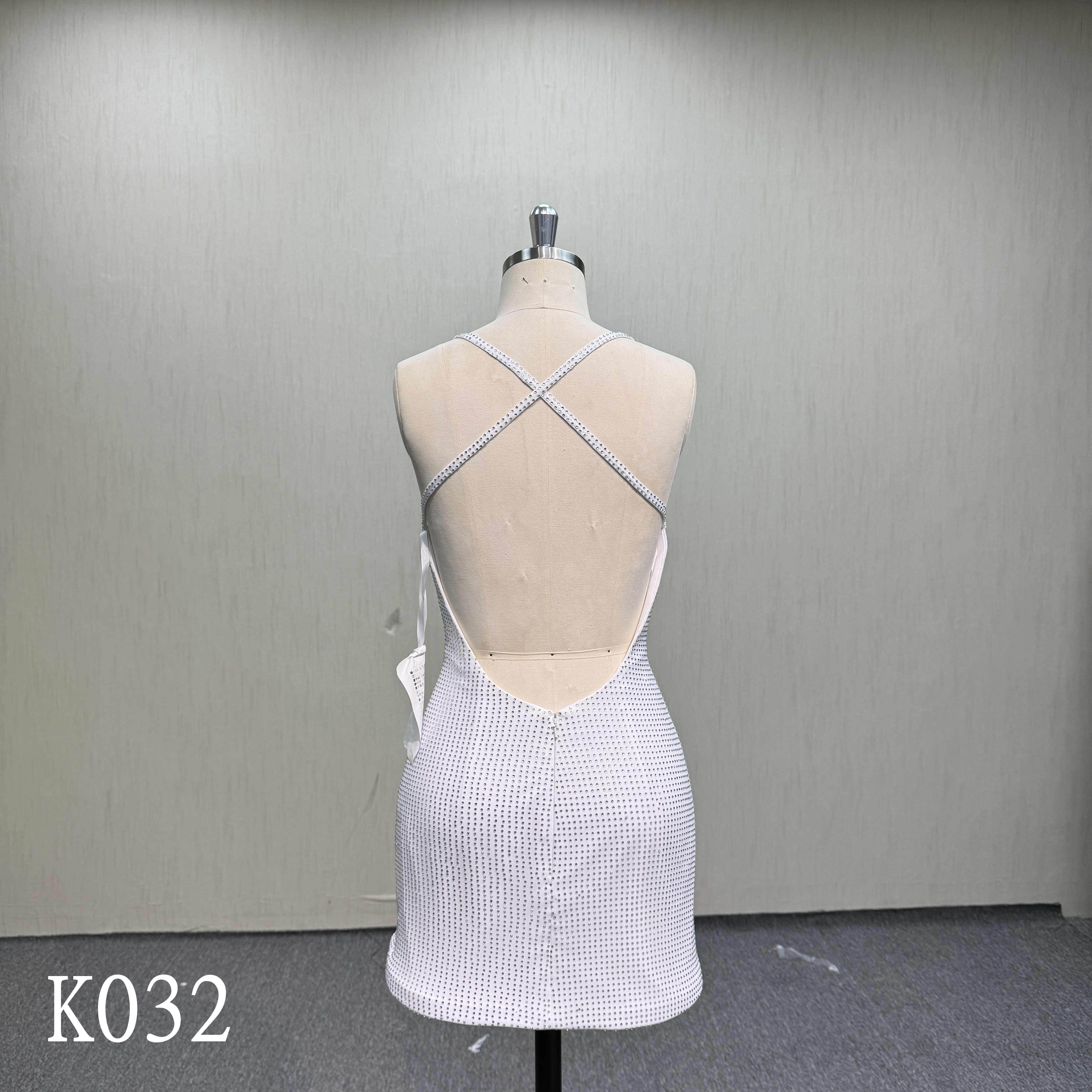 K032 Sexy Shimmering Rhinestone Backless Mini Dress.