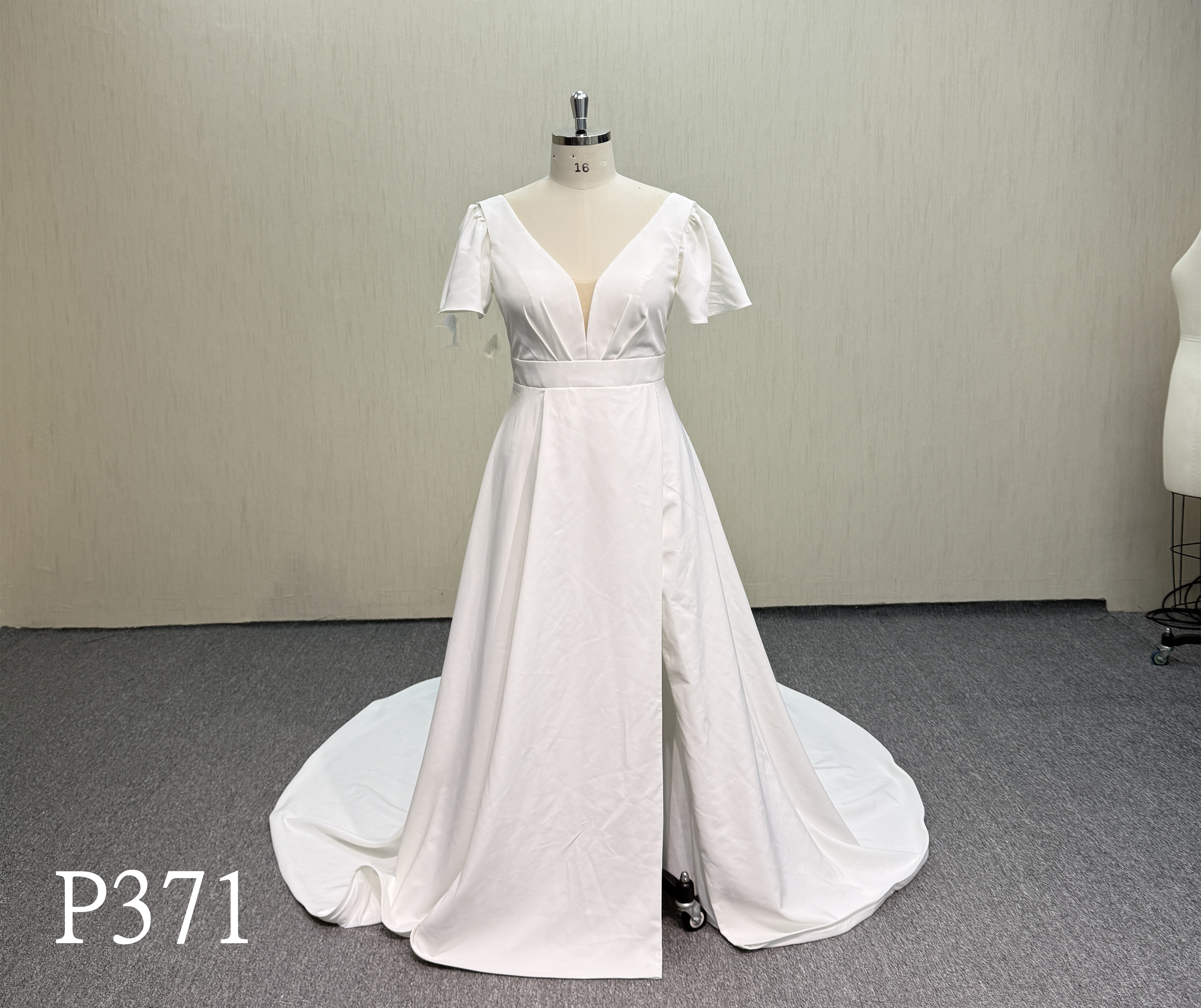 P371 Short Sleeve Deep V-Neck Satin Dress with Corset Back.
