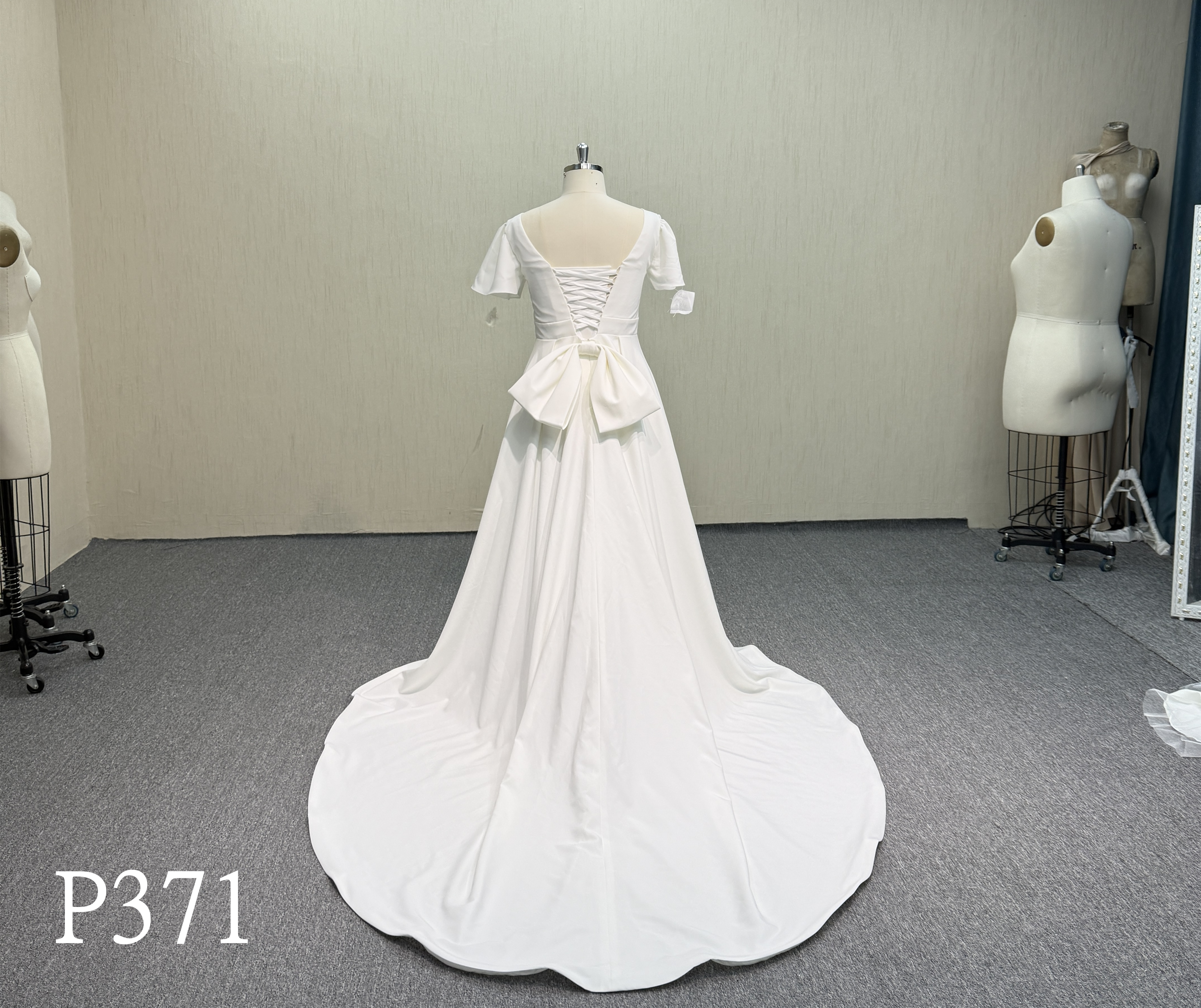 P371 Short Sleeve Deep V-Neck Satin Dress with Corset Back.