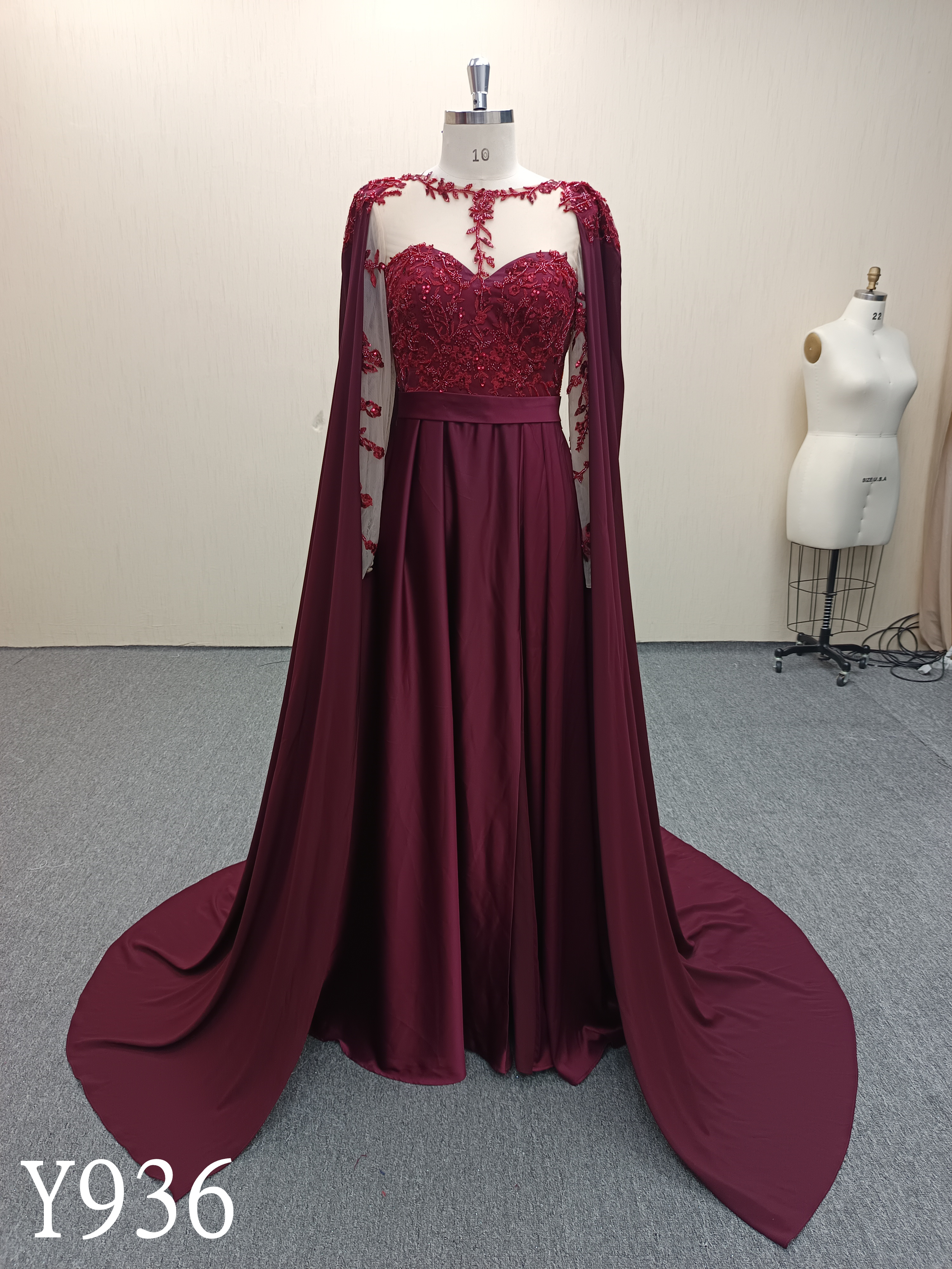 Y936 Elegant Burgundy Cape A-Line Wedding Dress.