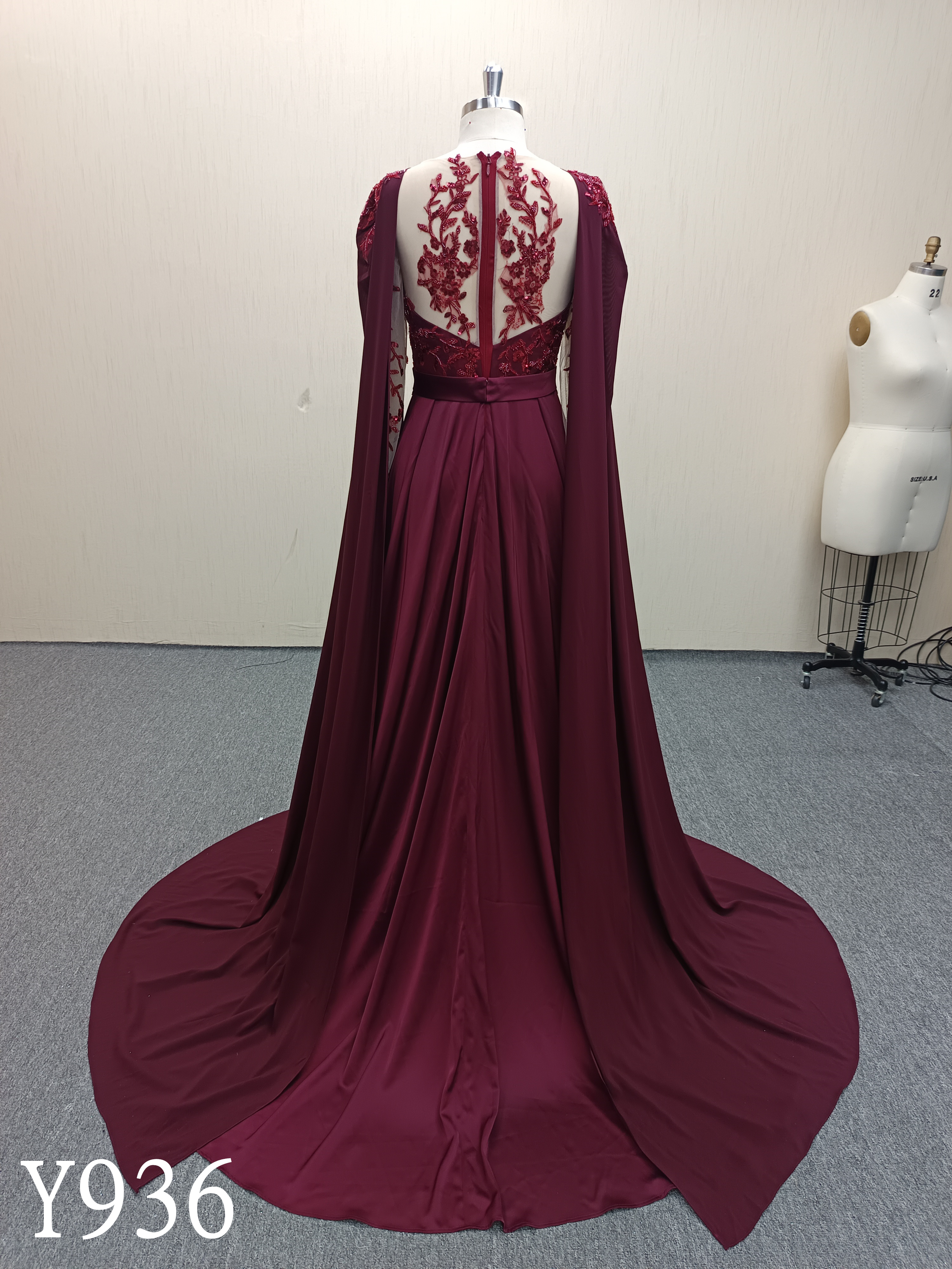 Y936 Elegant Burgundy Cape A-Line Wedding Dress.