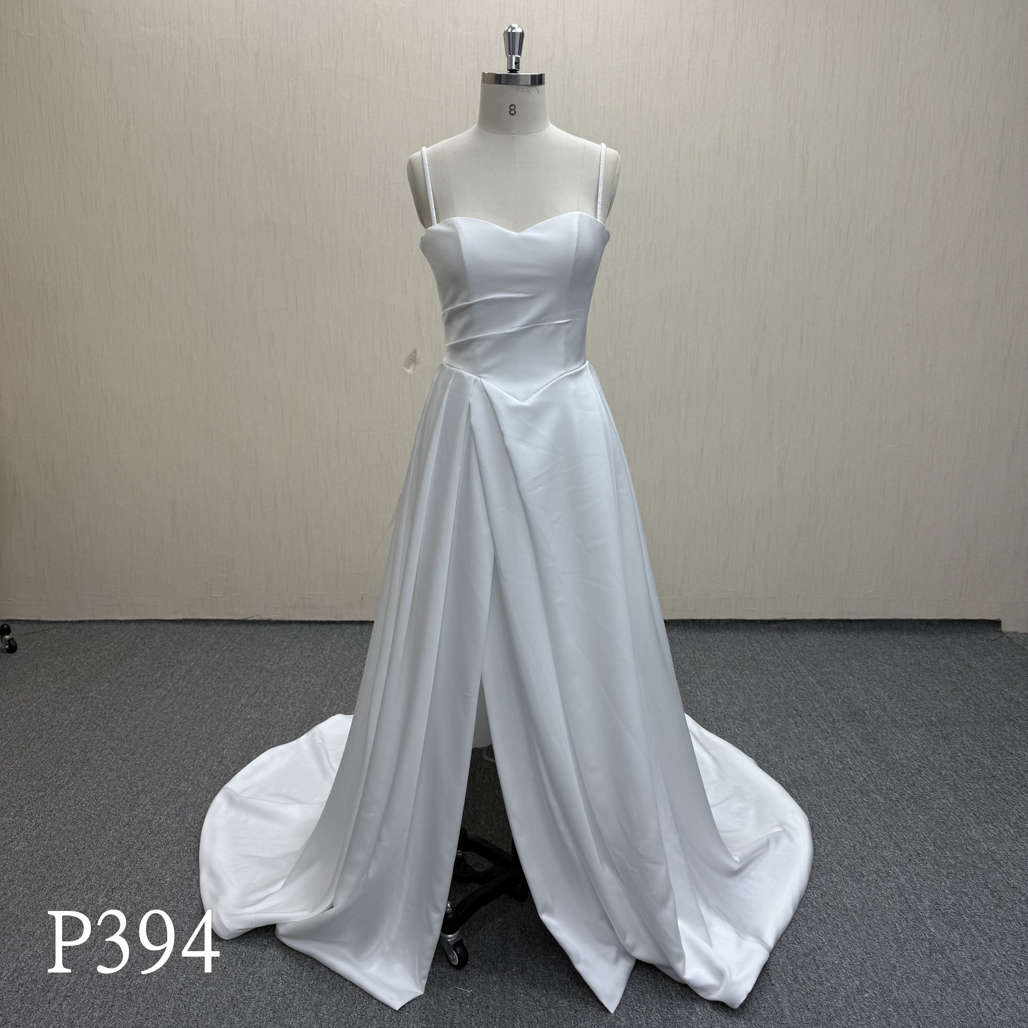 P394 Stunning Front High Slit Satin Dress with Pleated Skirt.
