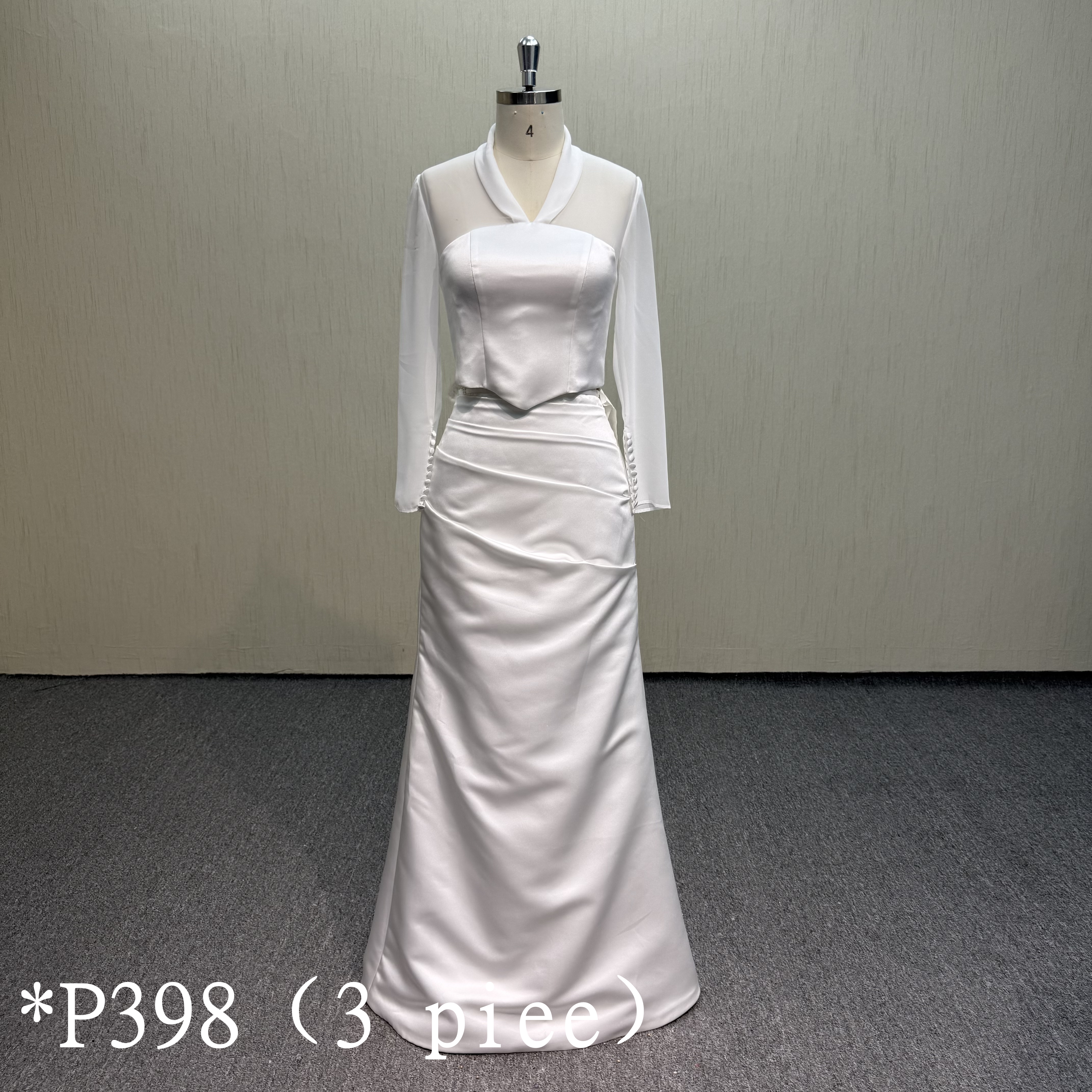 P398 Elegant 3-Piece Satin Wedding Dress with Sheer Tulle Overlay.