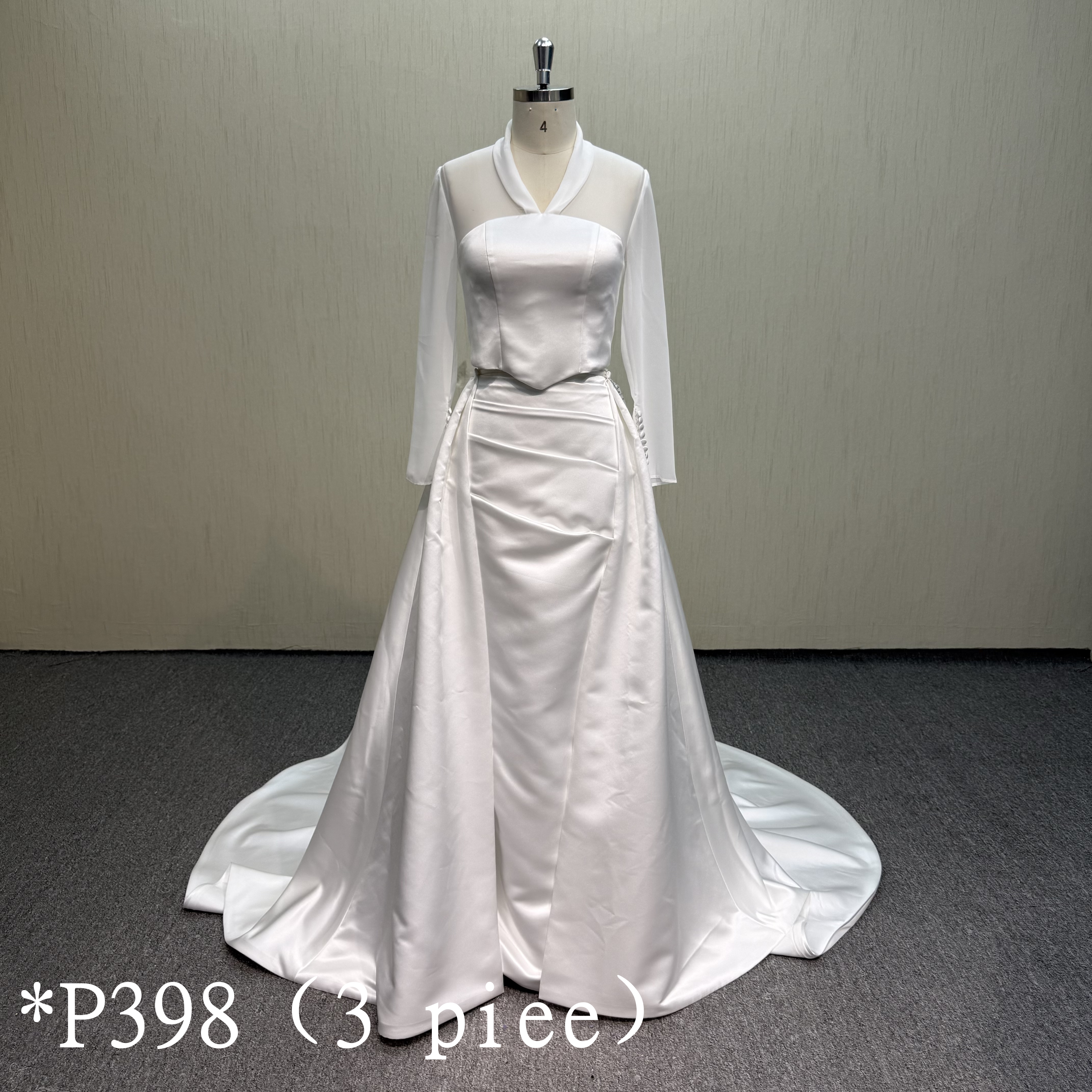 P398 Elegant 3-Piece Satin Wedding Dress with Sheer Tulle Overlay.