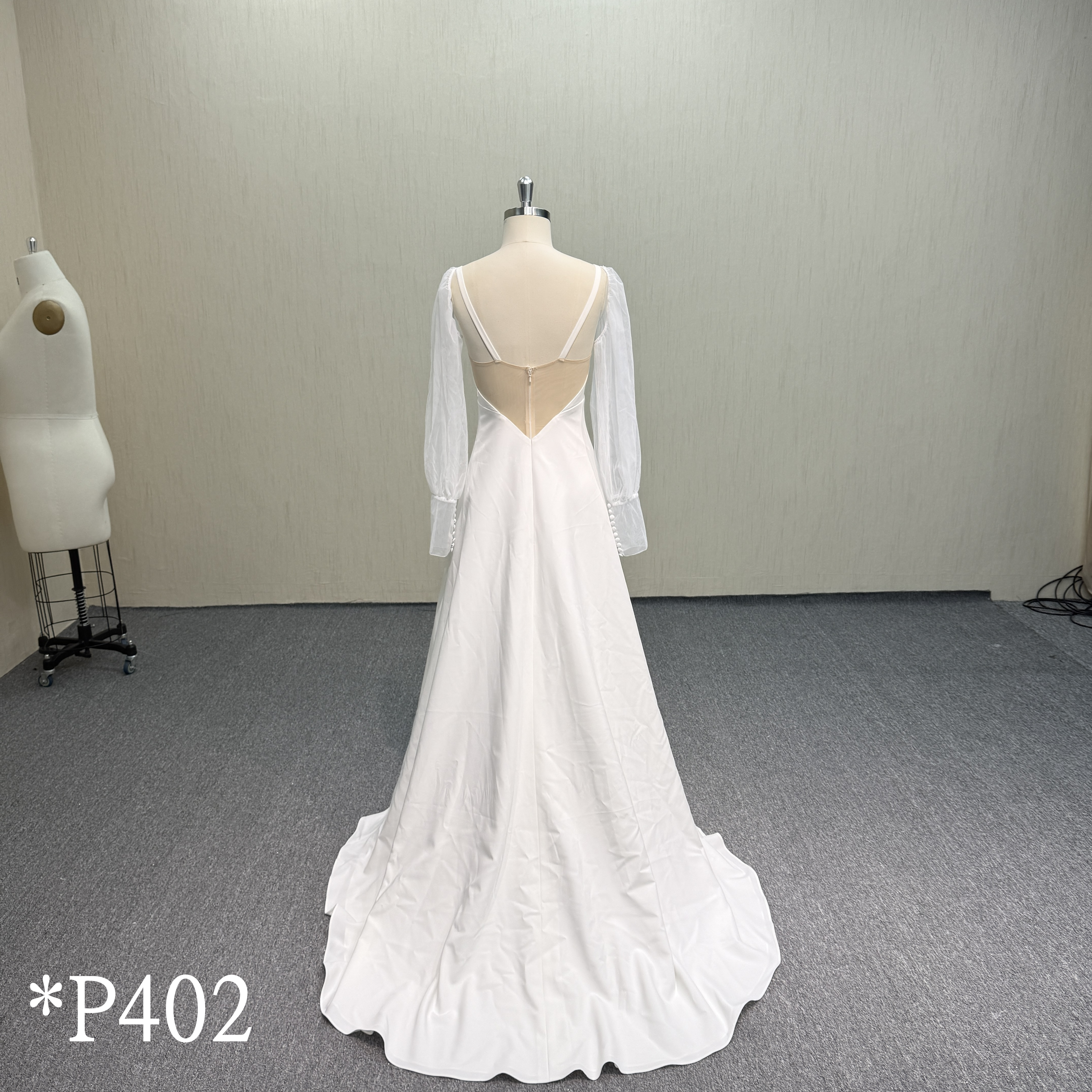 P402 Front Slit A-Line Satin Wedding Dress with Sweep Train.