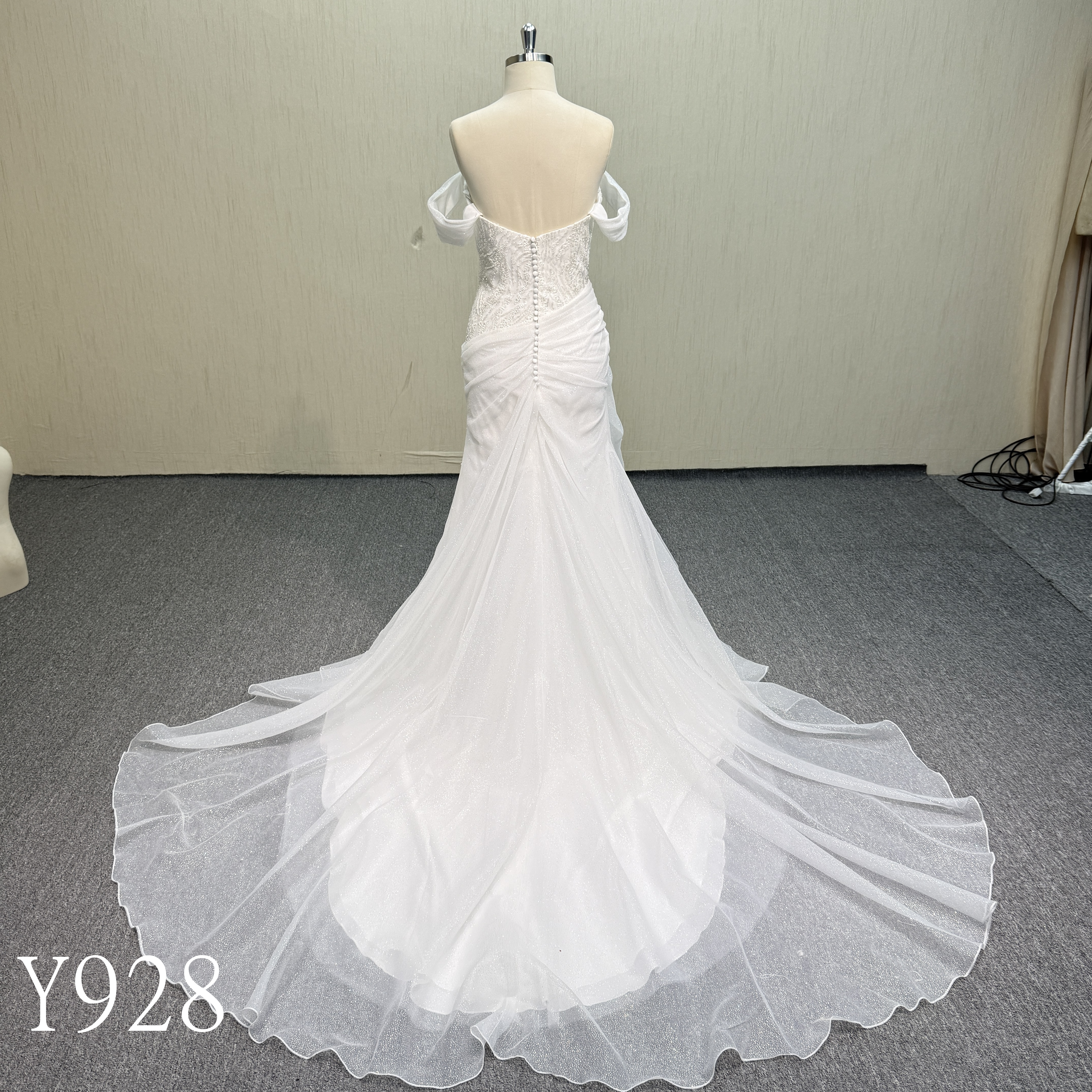 Y928 Sleeveless Off-Shoulder Dress with Beaded Bodice and Train.