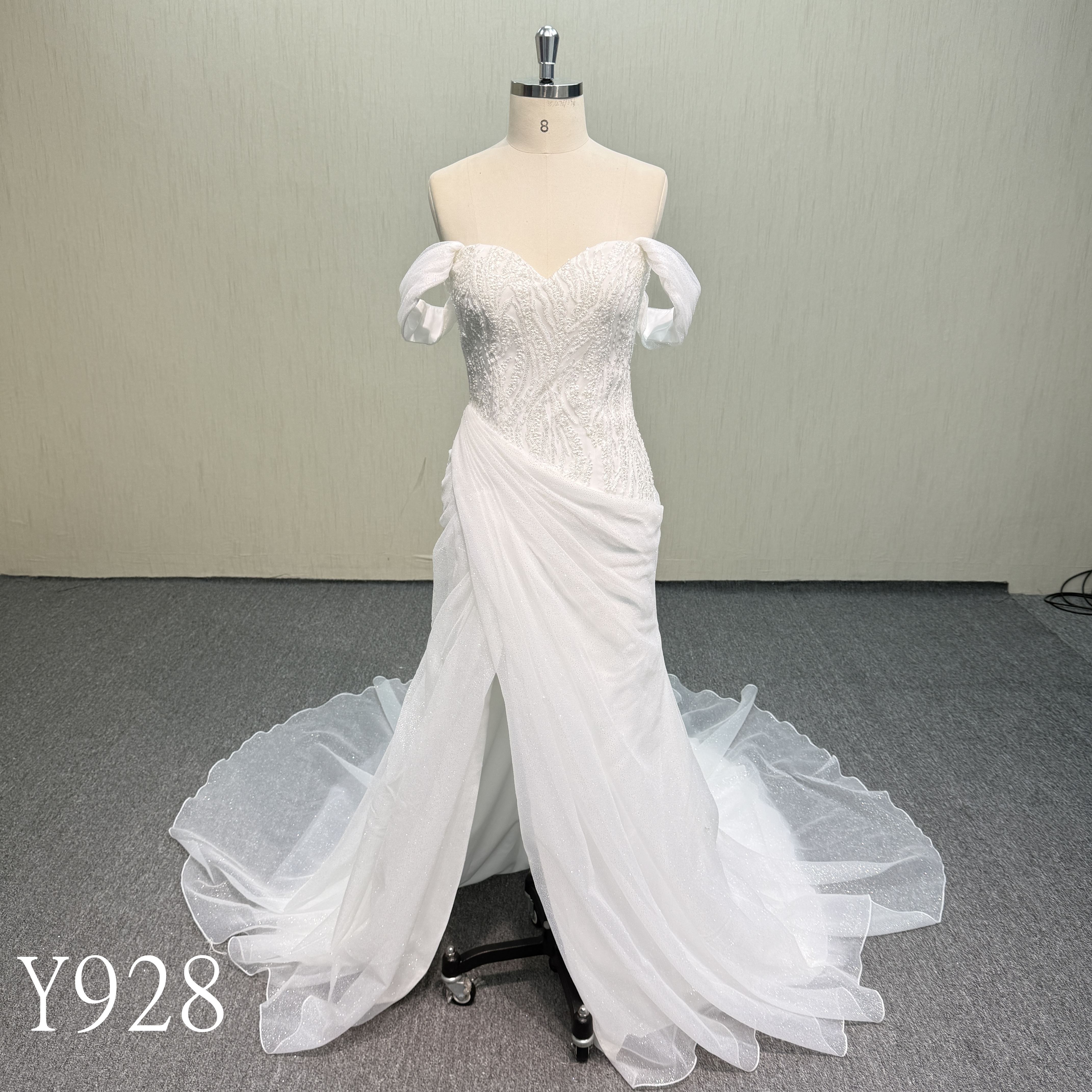 Y928 Sleeveless Off-Shoulder Dress with Beaded Bodice and Train.