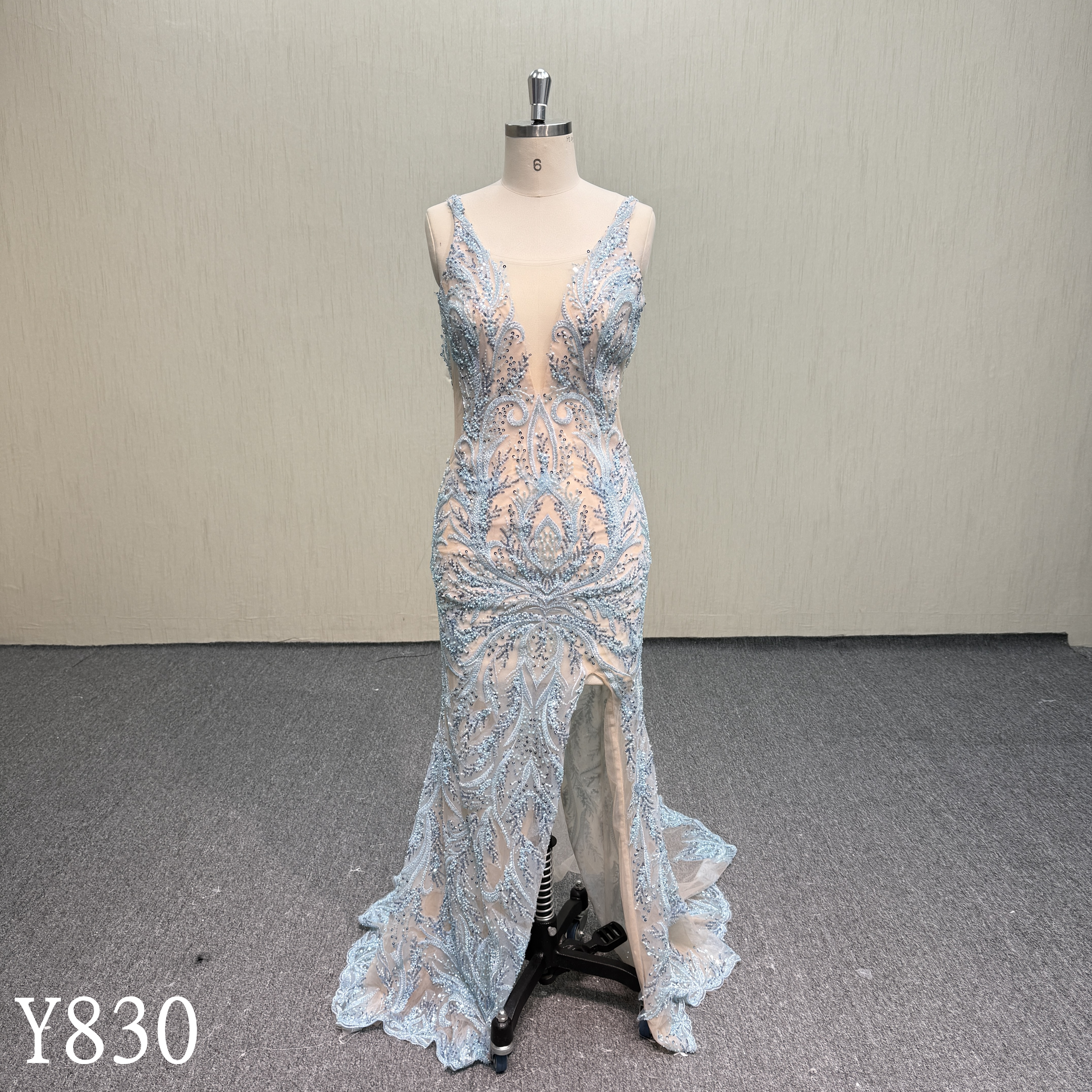 Y830 Sparkling Ice Blue Beaded Mermaid Evening Gown
