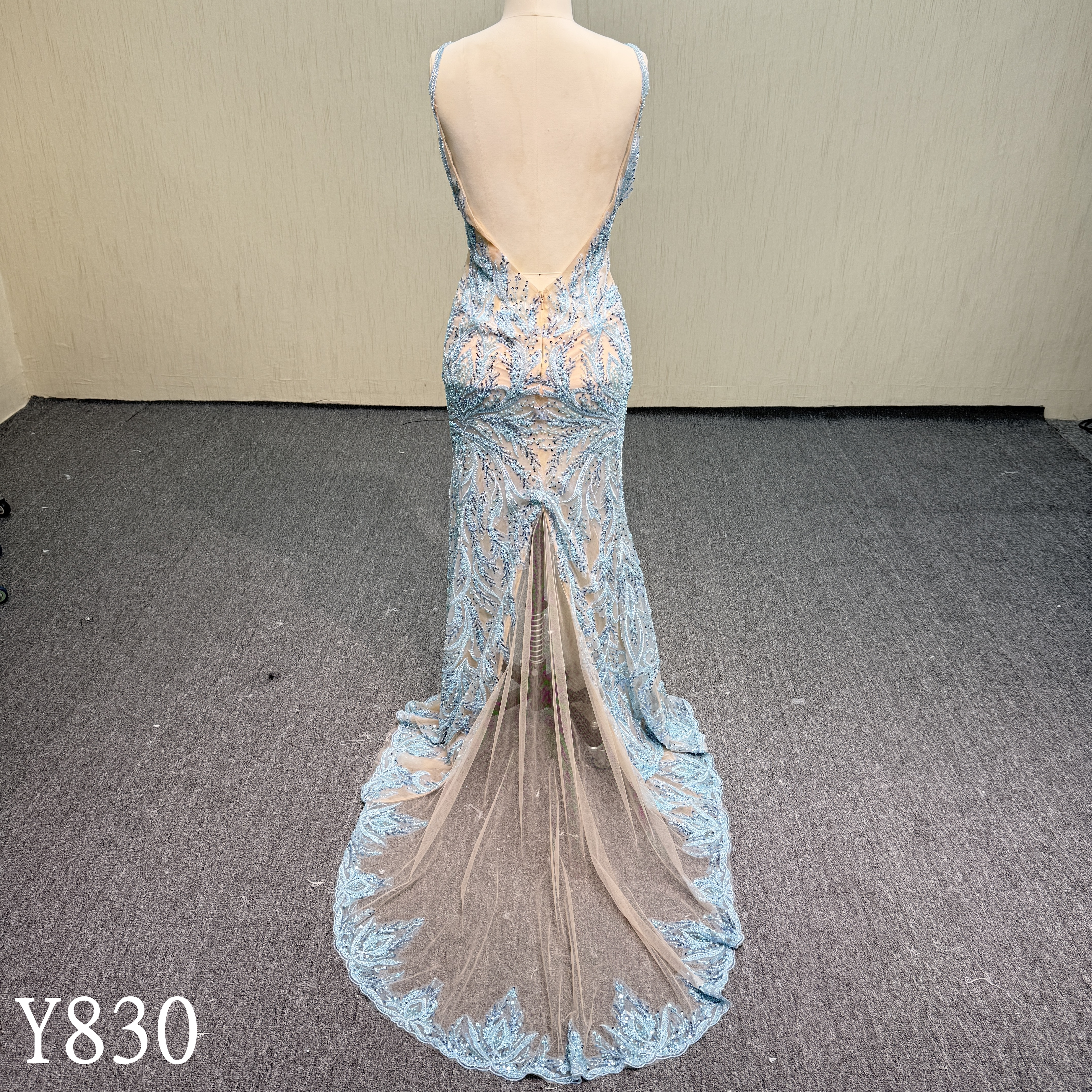 Y830 Sparkling Ice Blue Beaded Mermaid Evening Gown