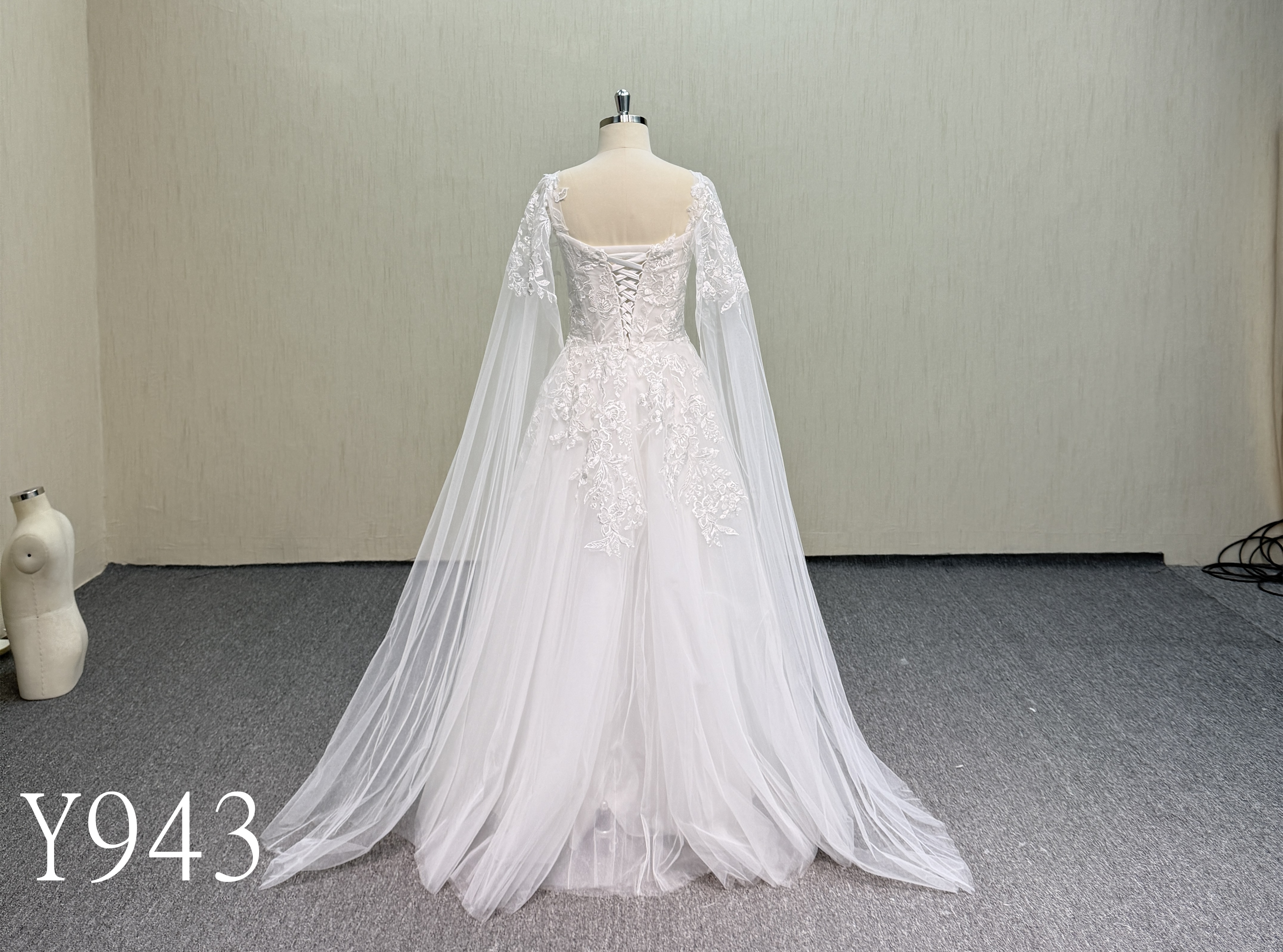 Y943 Sheer Tulle Cape Sleeve Bridal Gown.