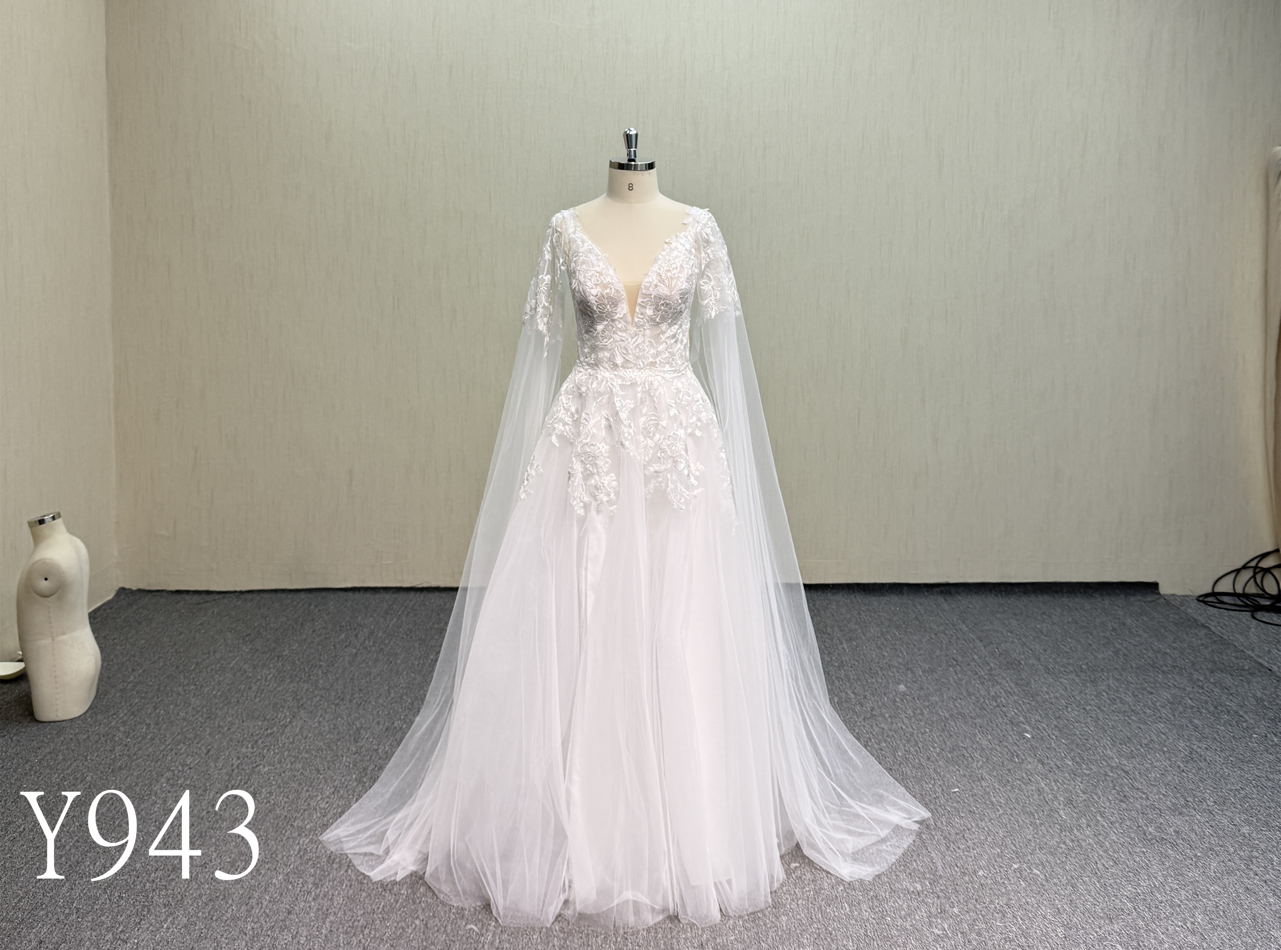 Y943 Sheer Tulle Cape Sleeve Bridal Gown.