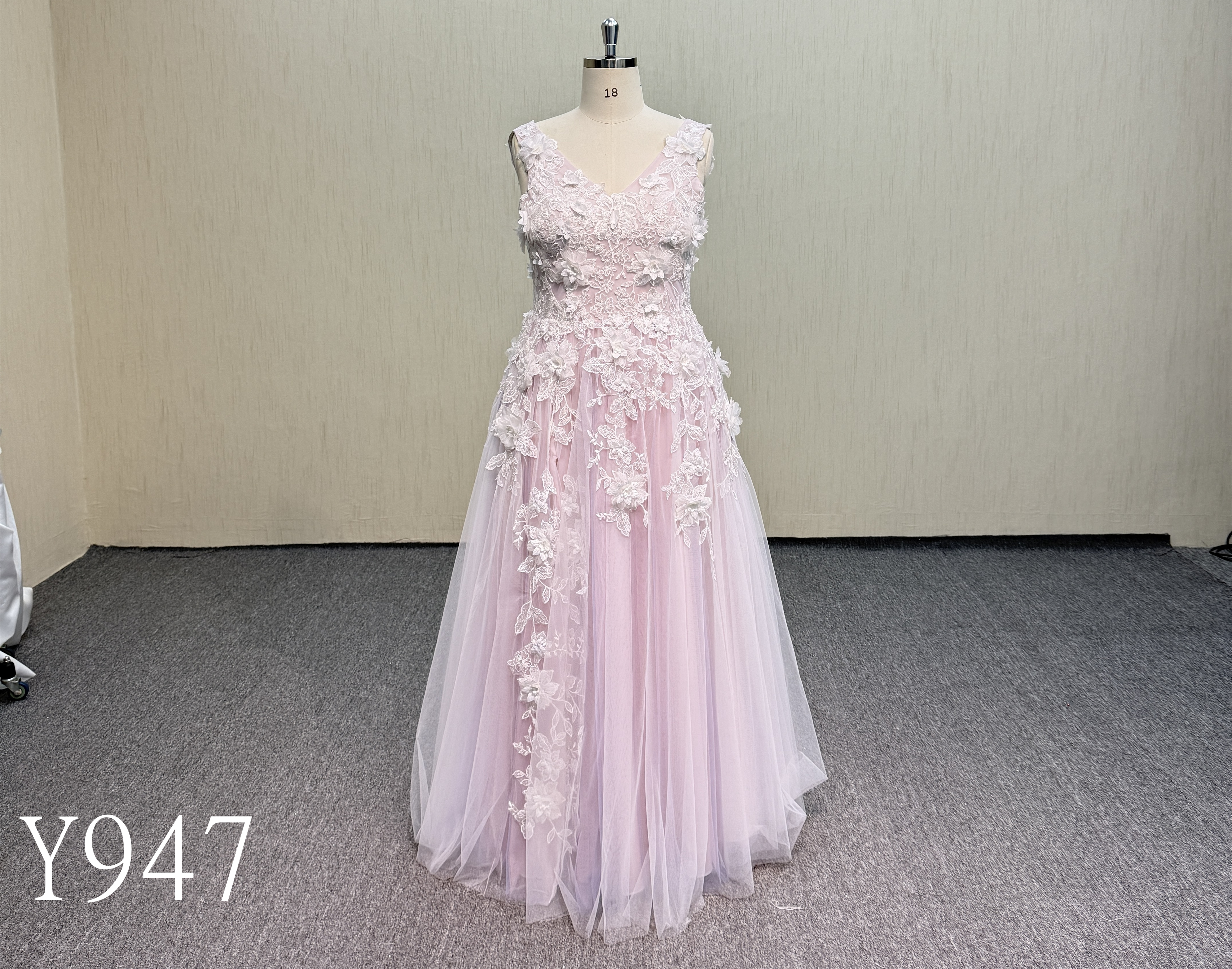 Y947 Flowy Blush Pink Tulle Skirt Dress with Lace Details.