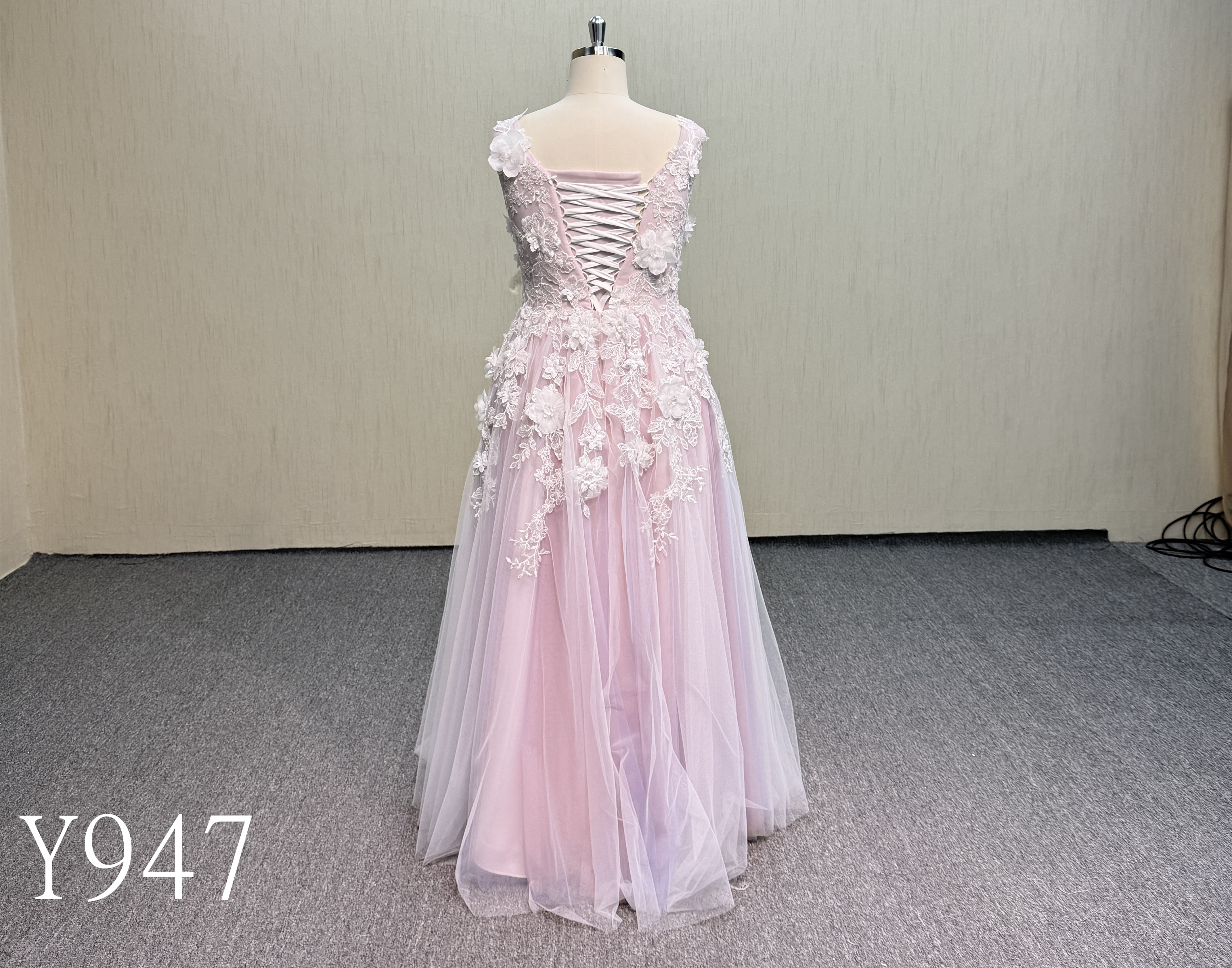 Y947 Flowy Blush Pink Tulle Skirt Dress with Lace Details.