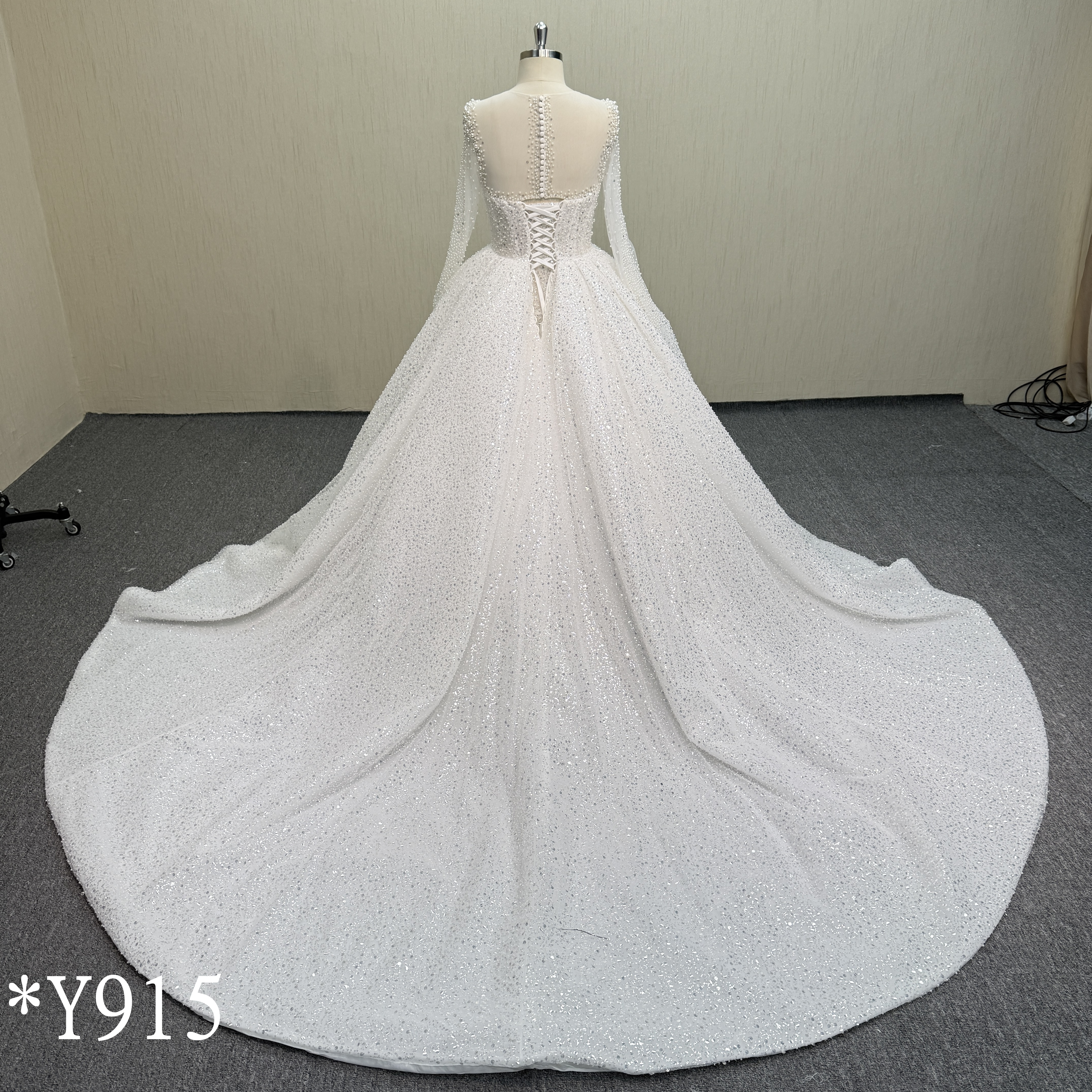 Y915 Long Sleeve Beaded Lace Ballgown with Sweep Train.