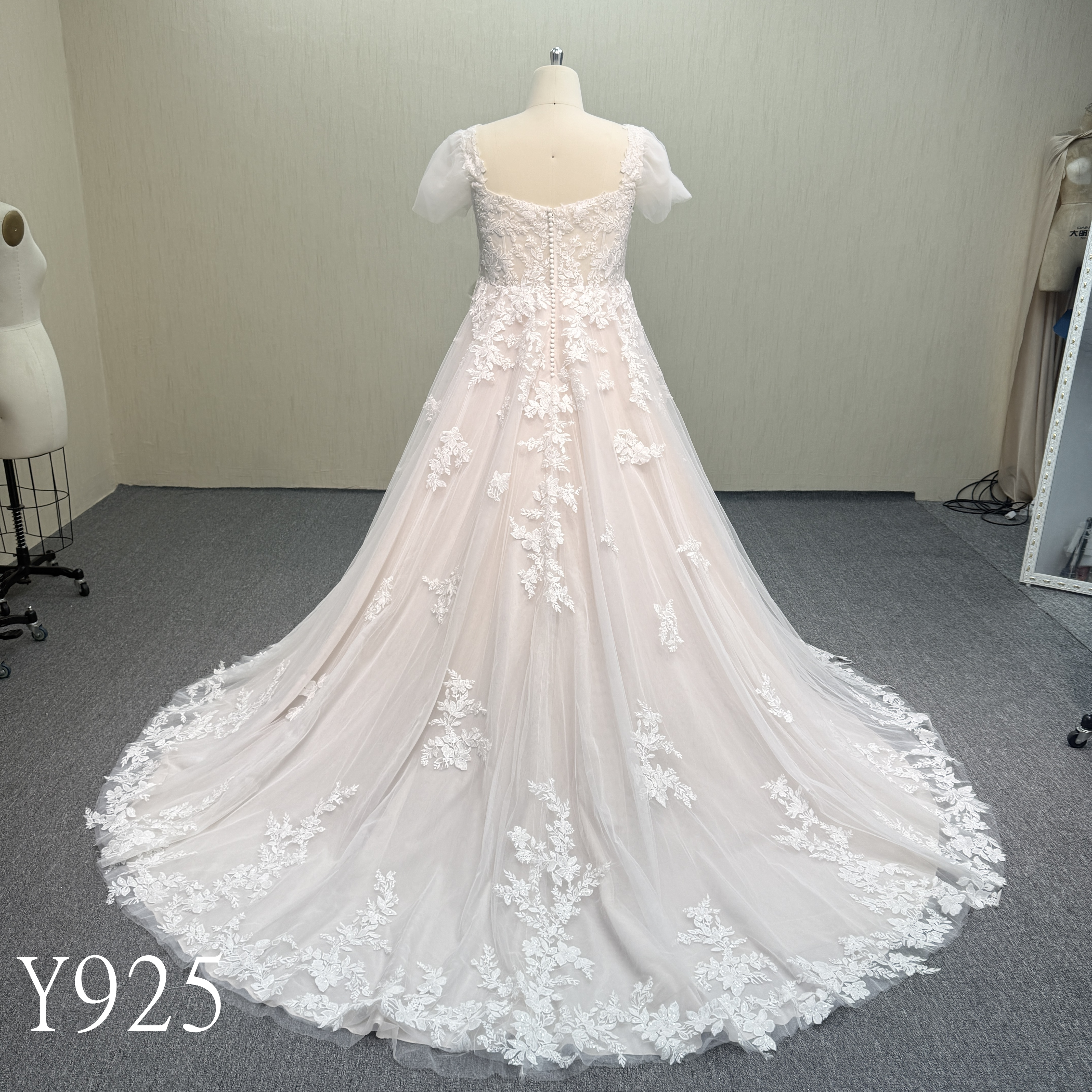 Y925 V-Neck Short Sleeve Tulle Dress with Pearl Button Back