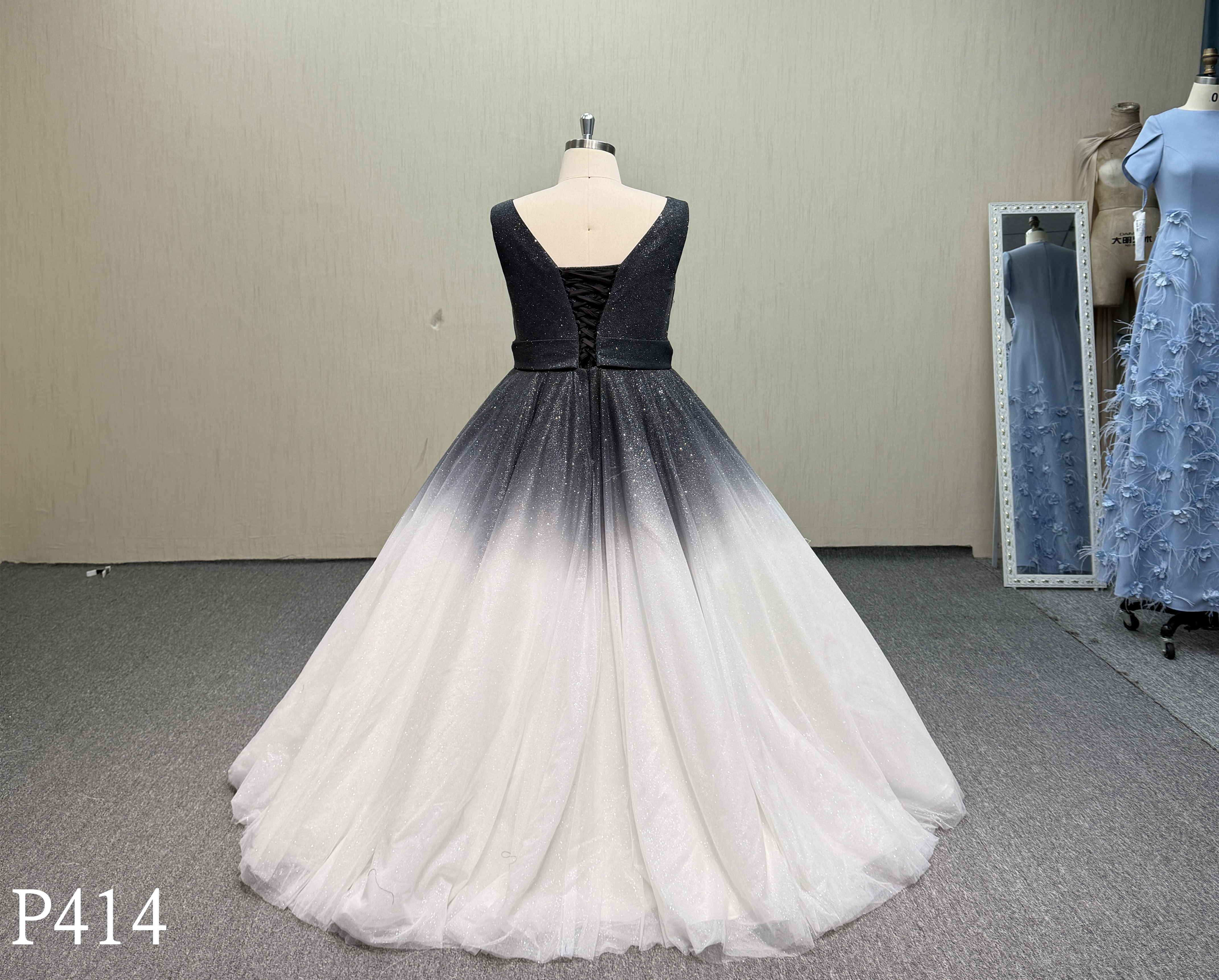 P414 Black and White Ombre A-Line Wedding Dress