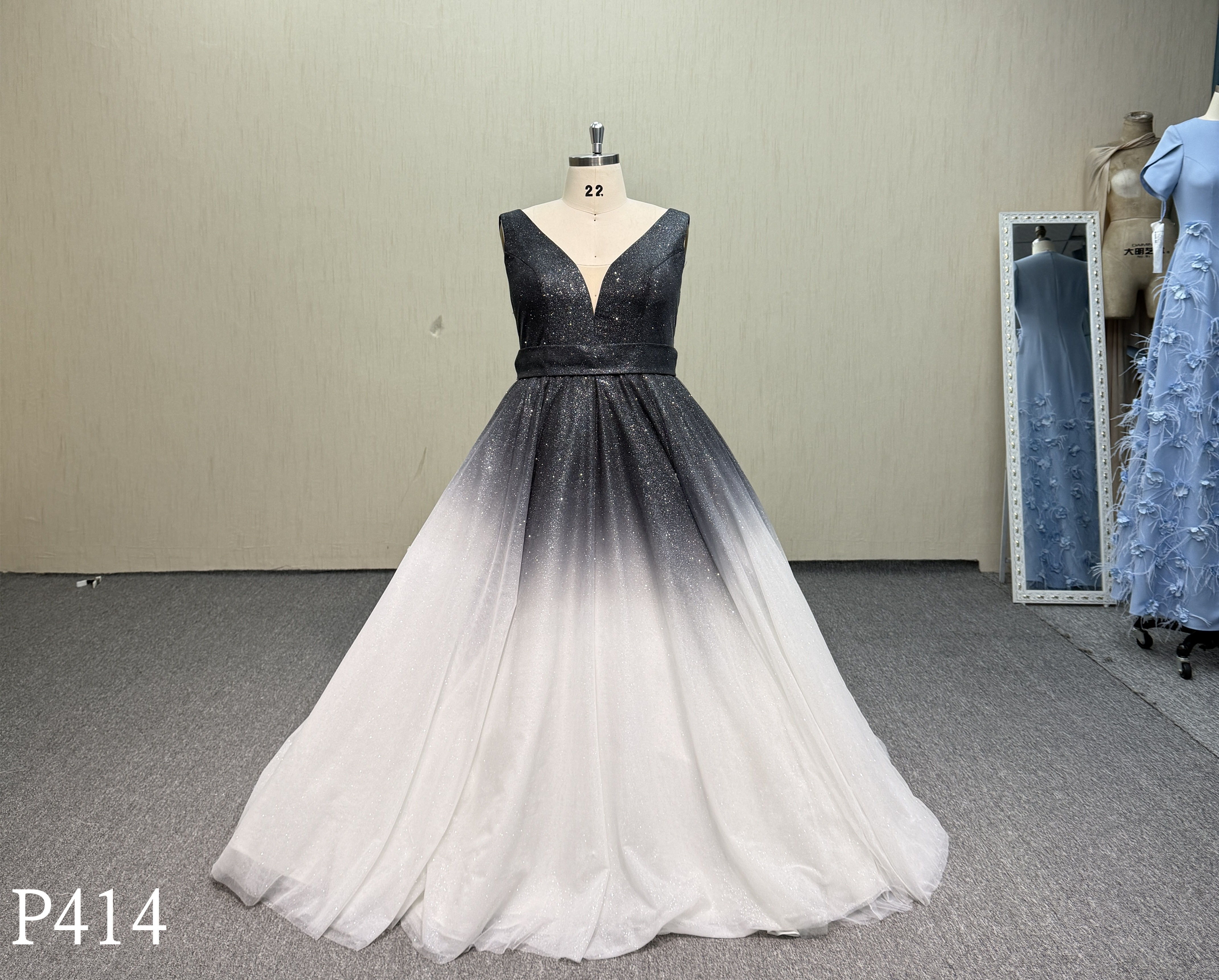 P414 Black and White Ombre A-Line Wedding Dress
