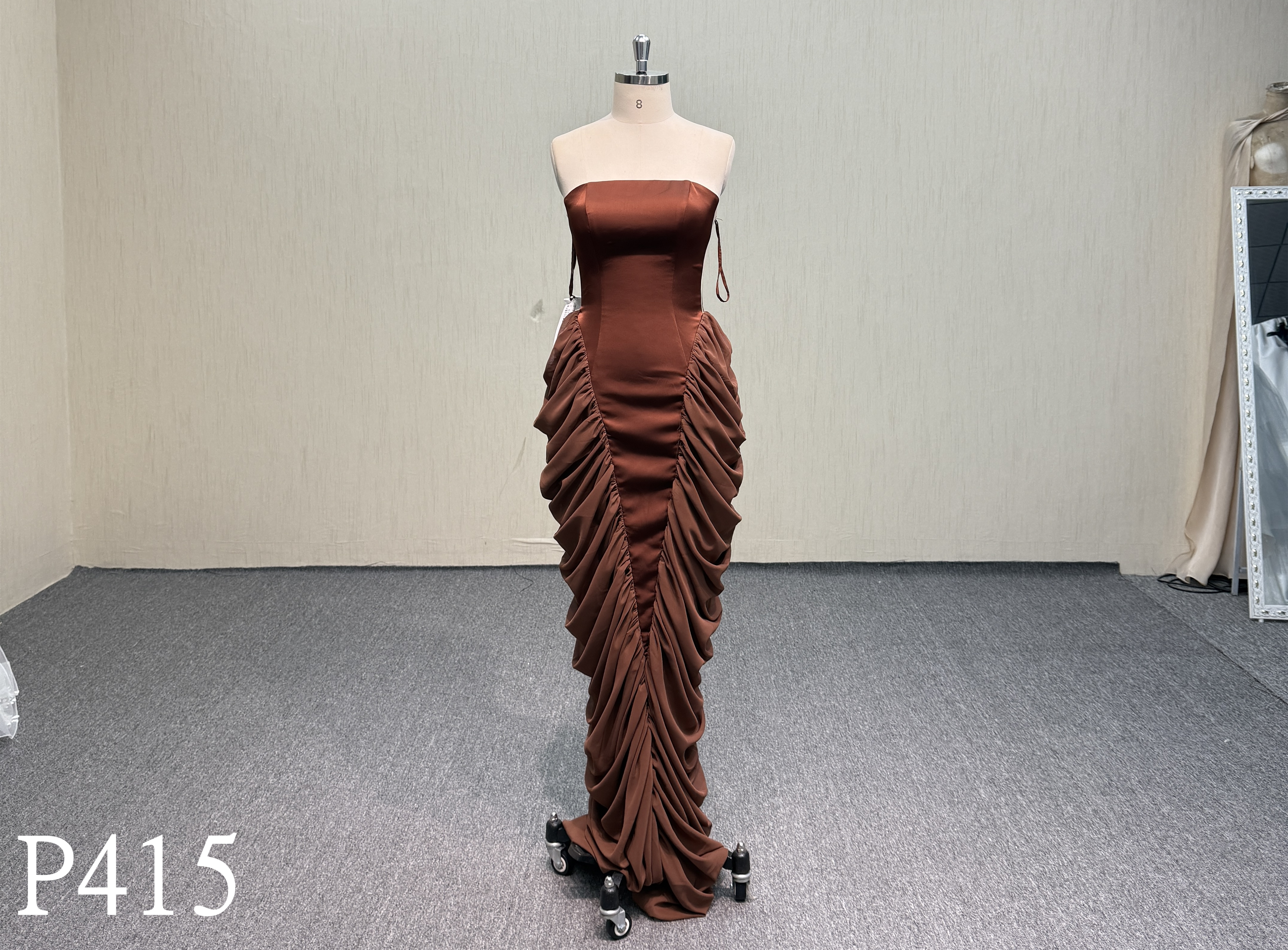 P415 Chocolate Brown Strapless Evening Dress with Lace-up Corset Back and Side Ruching