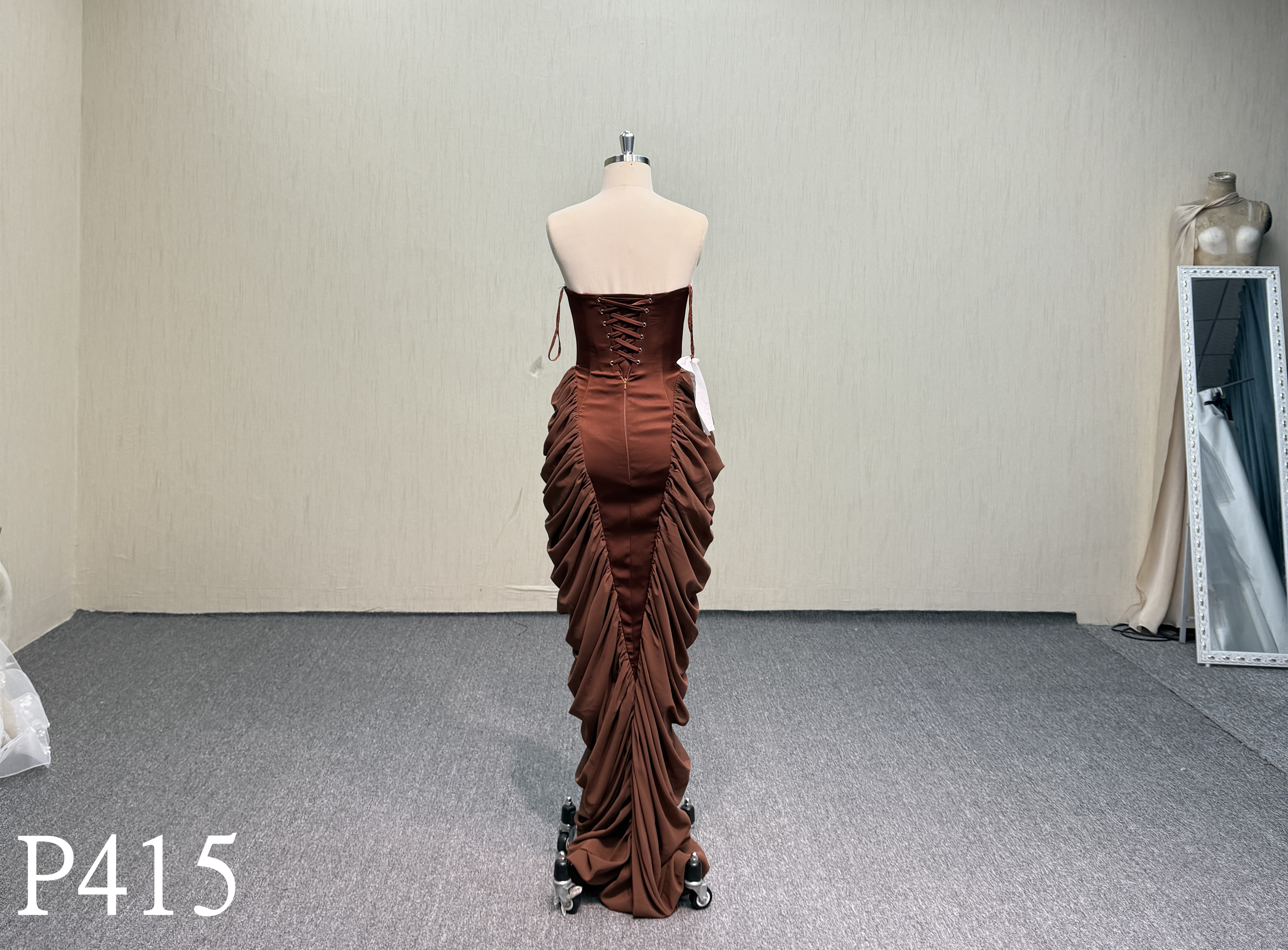 P415 Chocolate Brown Strapless Evening Dress with Lace-up Corset Back and Side Ruching