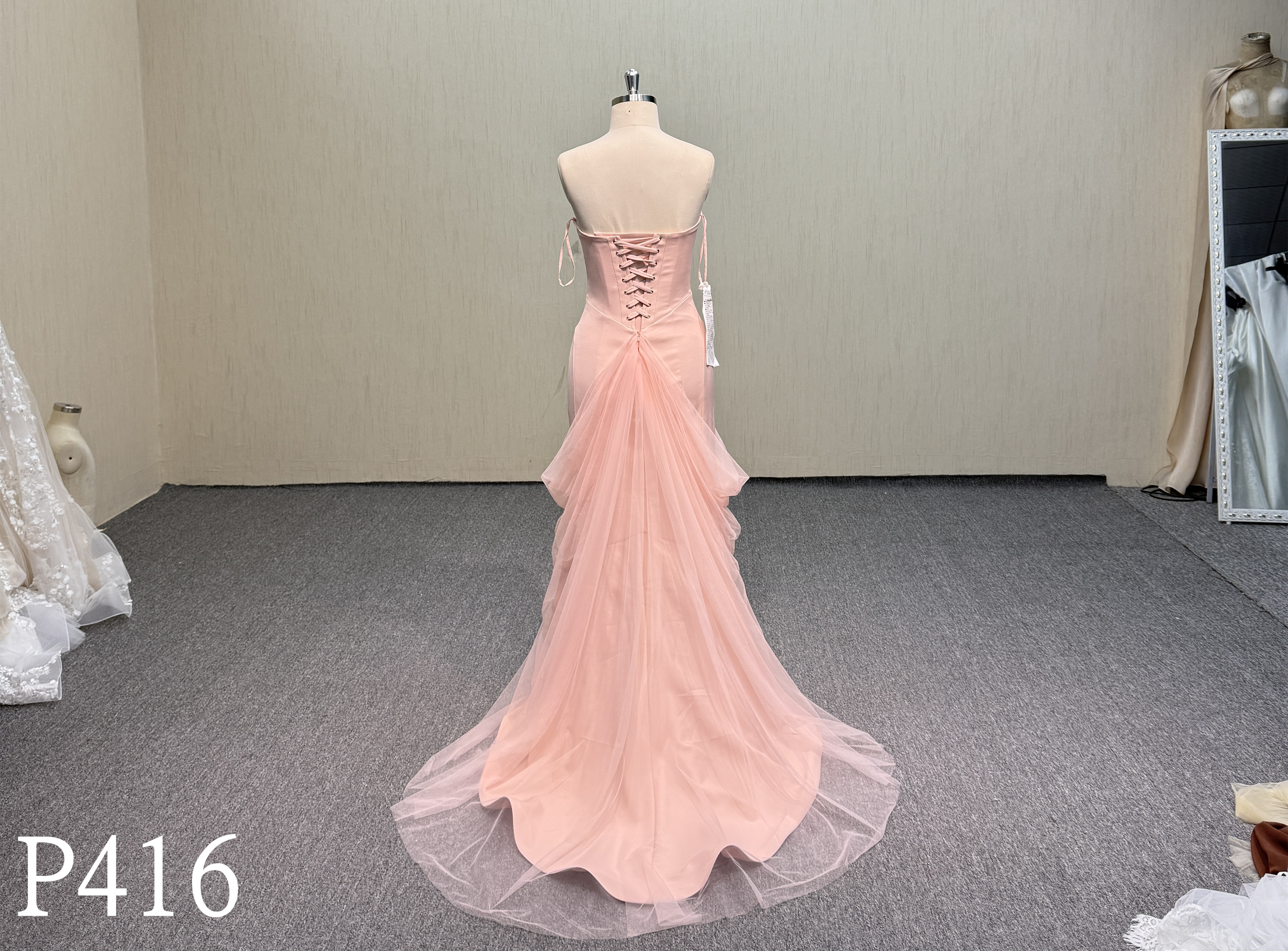 P416 Peach Pink Strapless Sweetheart Mermaid Dress with Draped Tulle Skirt