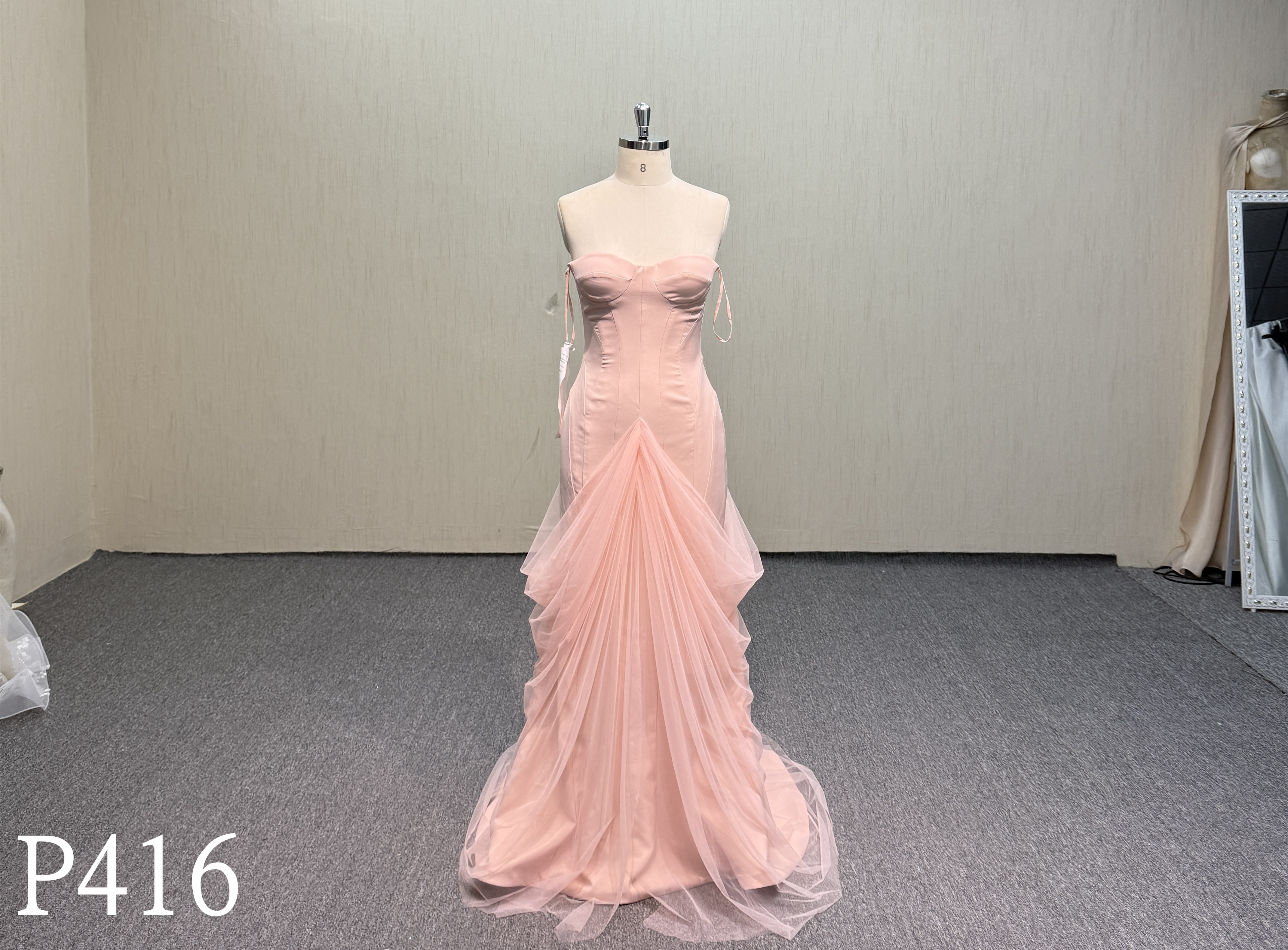 P416 Peach Pink Strapless Sweetheart Mermaid Dress with Draped Tulle Skirt