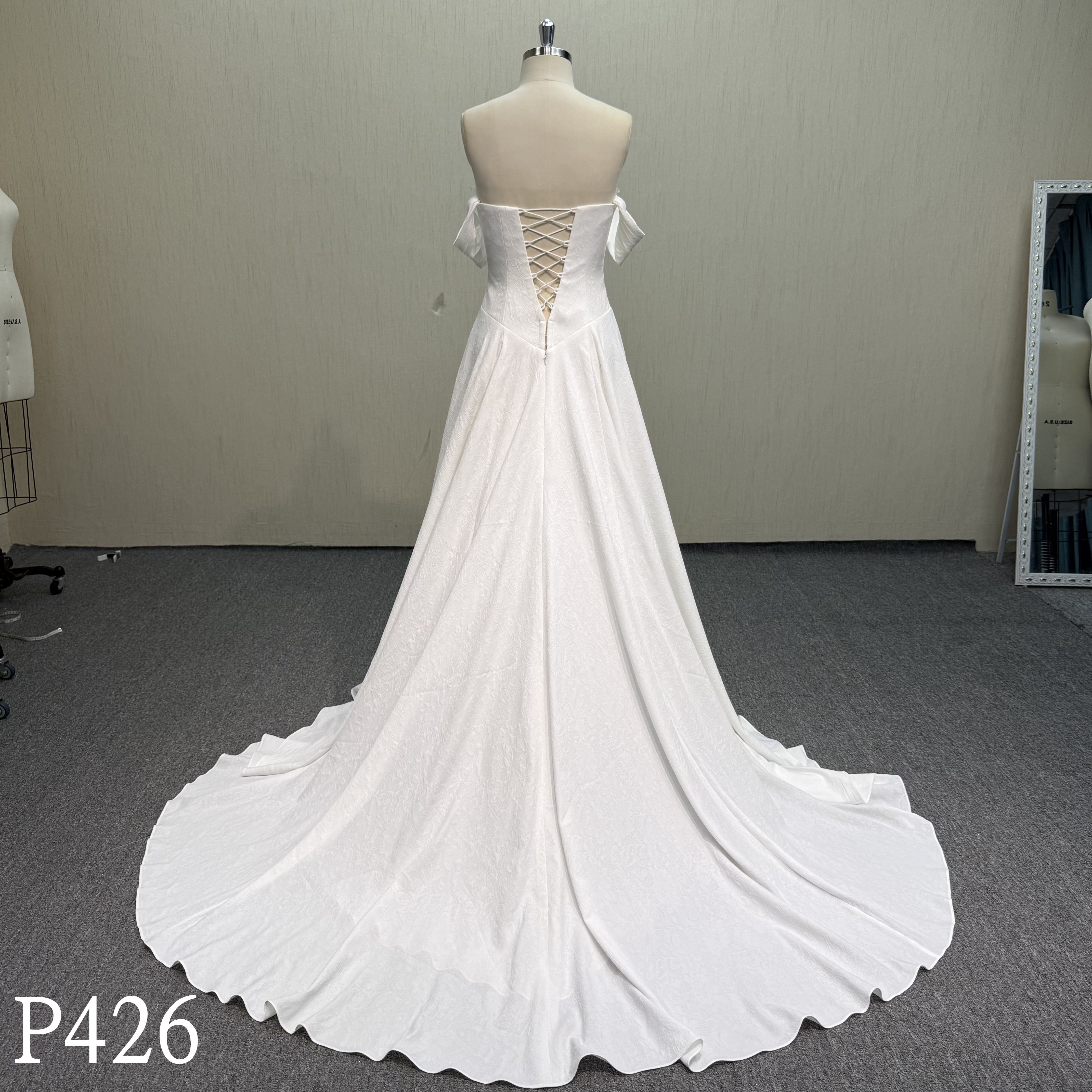 P426 Modern Textured A-Line Bridal Gown with Draped Off-Shoulder Sleeves and Lace-Up Corset Back