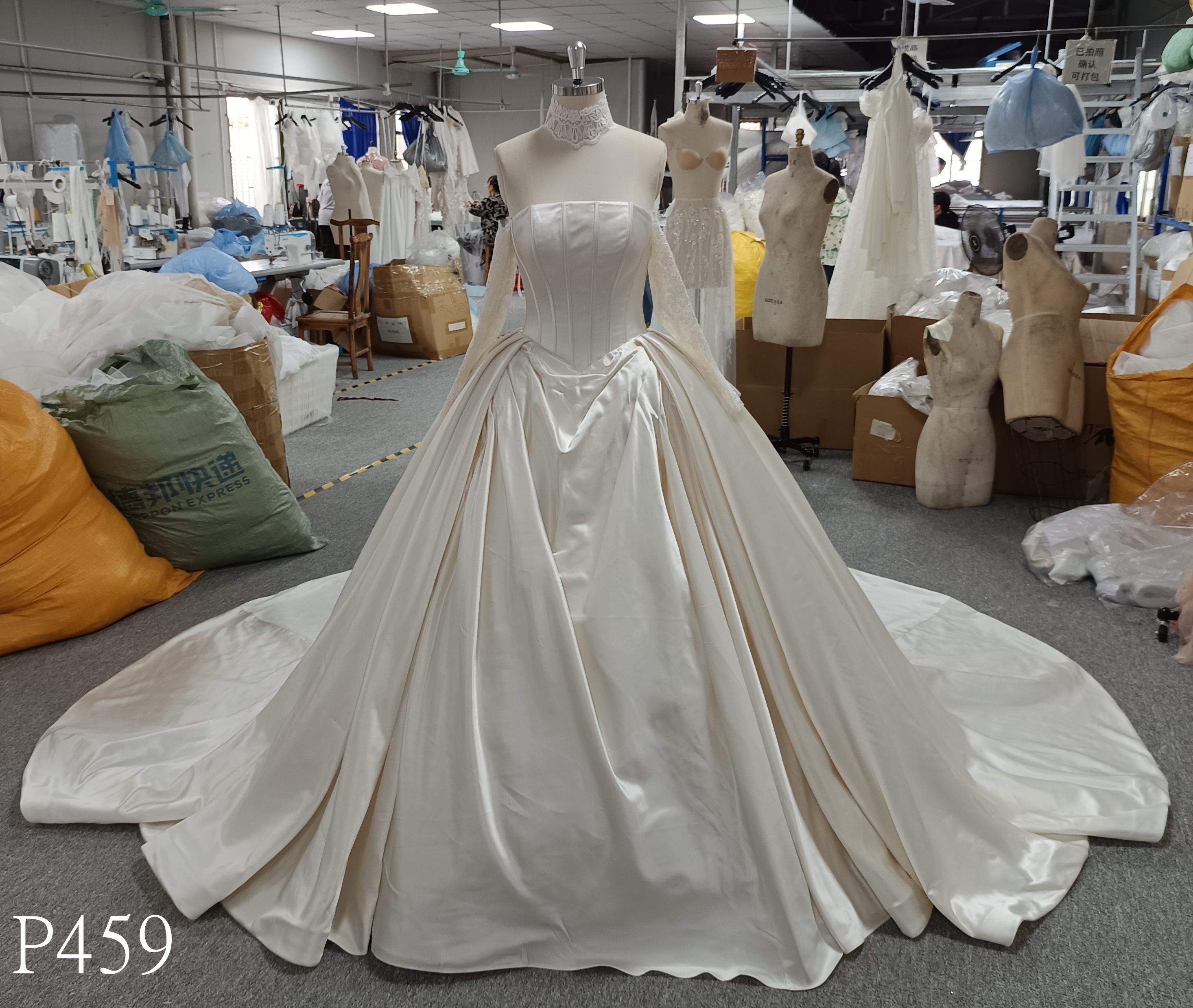 P459 Regal Lustrous Satin Princess Ballgown with Lace High Neck, Long Sleeves, and Basque Waist Corset