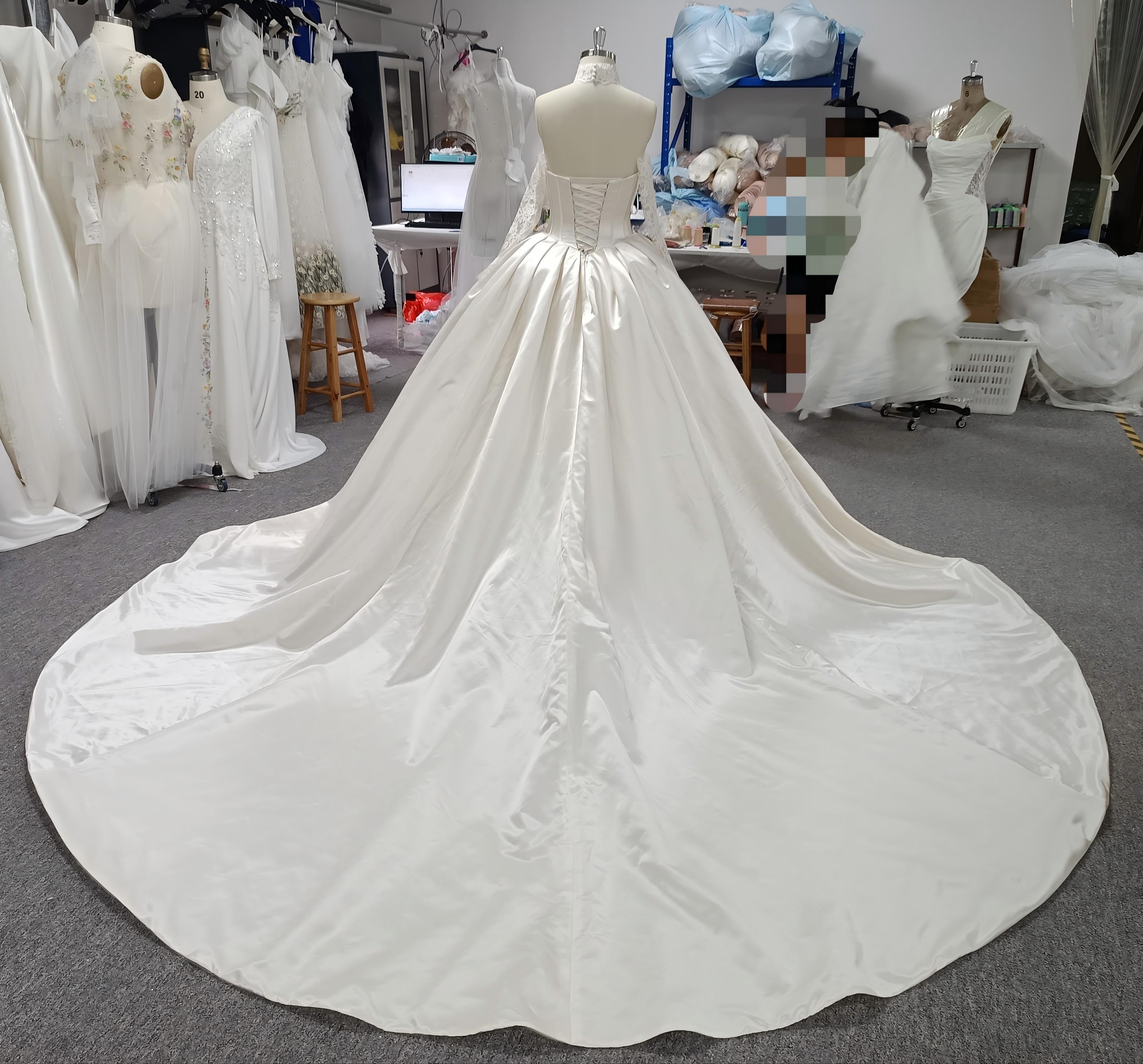 P459 Regal Lustrous Satin Princess Ballgown with Lace High Neck, Long Sleeves, and Basque Waist Corset