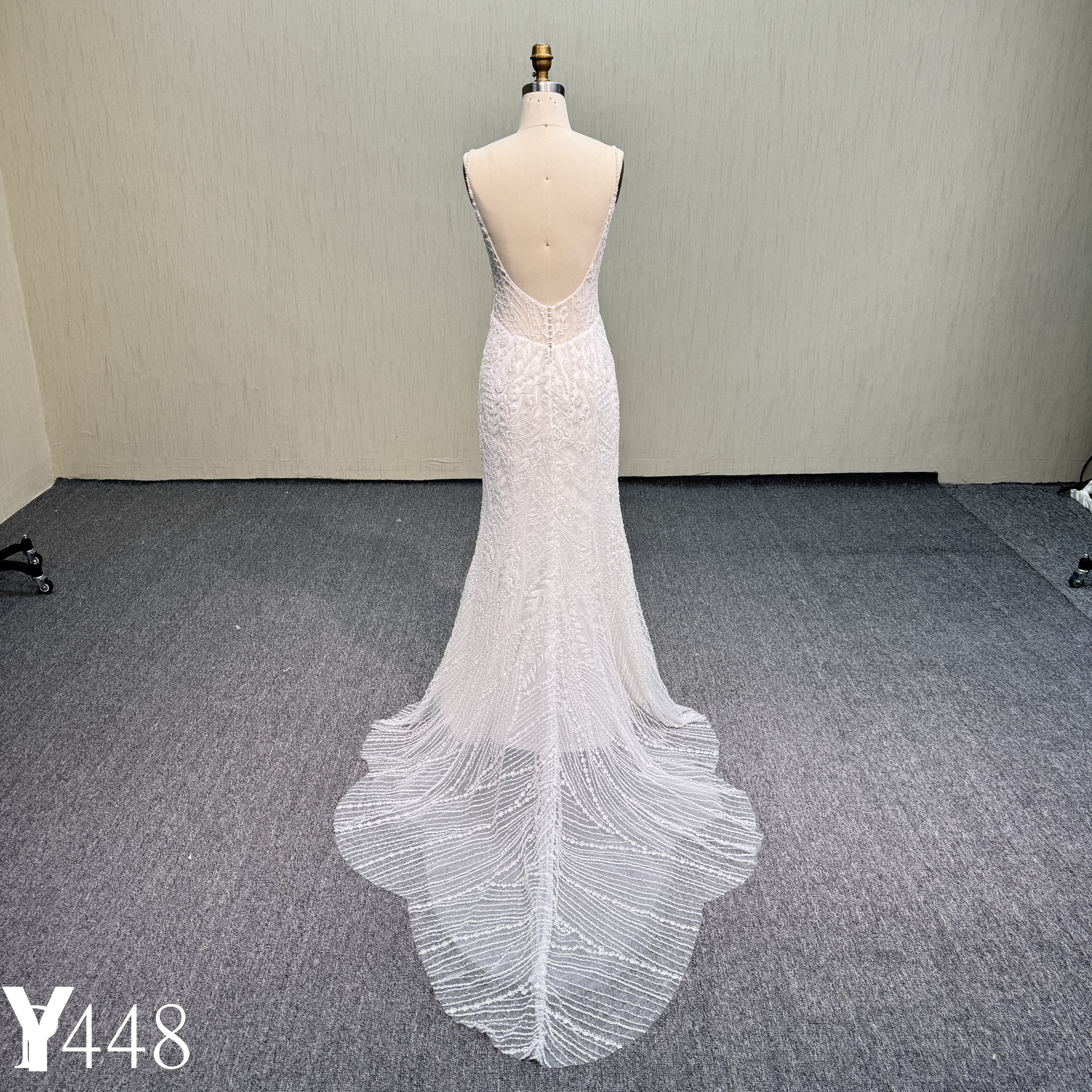 Y448 Sparkling Fully Beaded Fit-and-Flare Wedding Dress with Spaghetti Straps and Deep V-Back