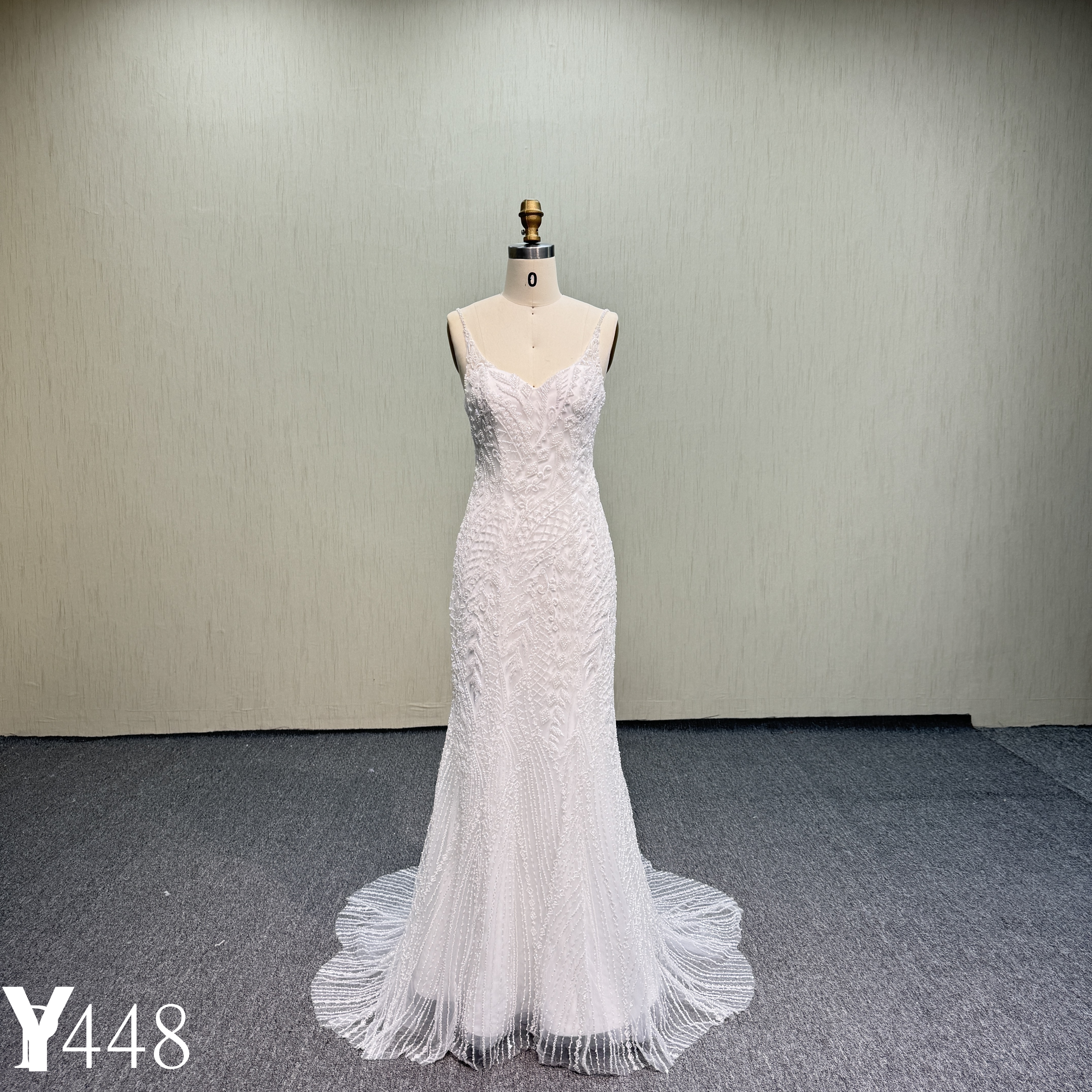 Y448 Sparkling Fully Beaded Fit-and-Flare Wedding Dress with Spaghetti Straps and Deep V-Back