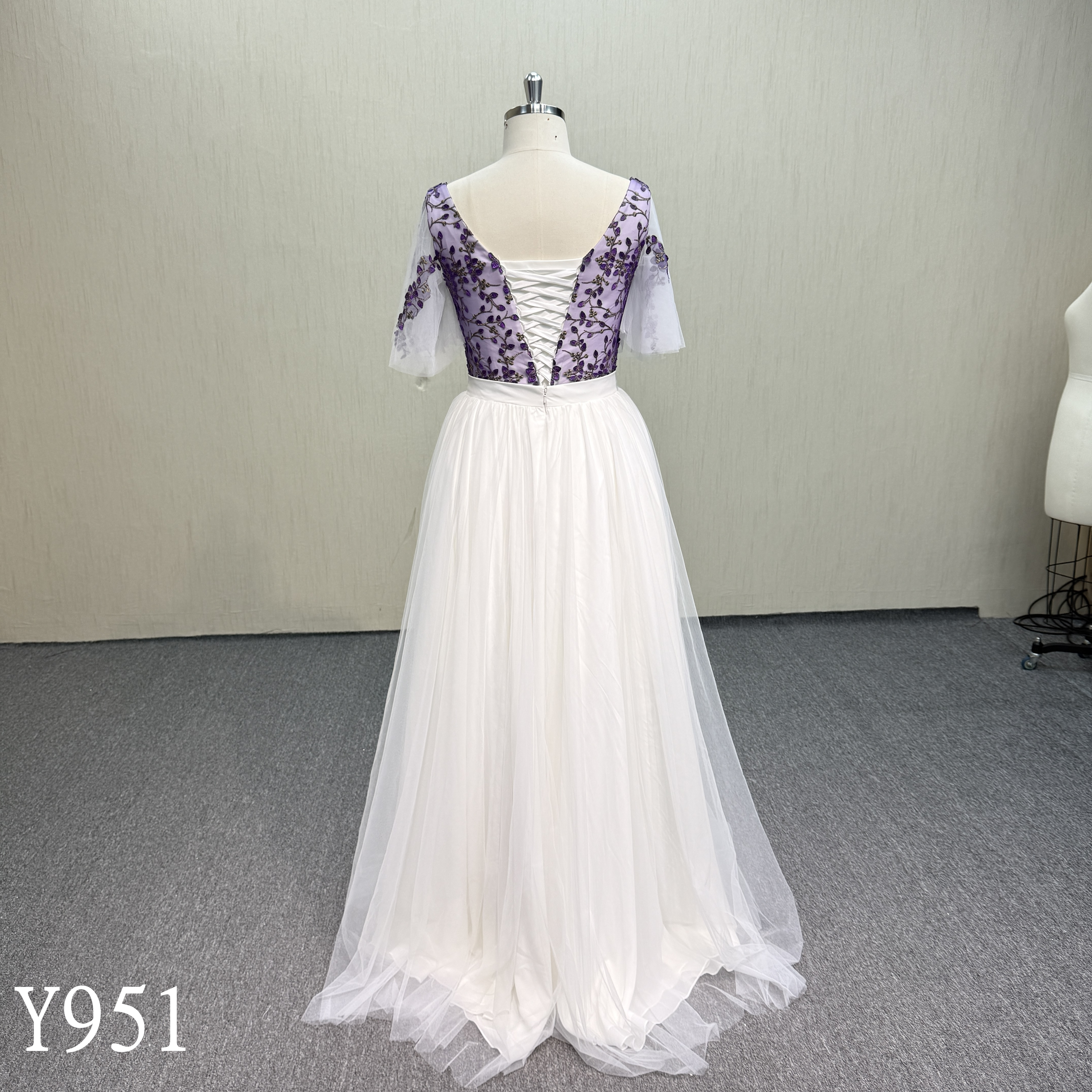 Y951  Purple and White A-Line Tulle Wedding Dress.