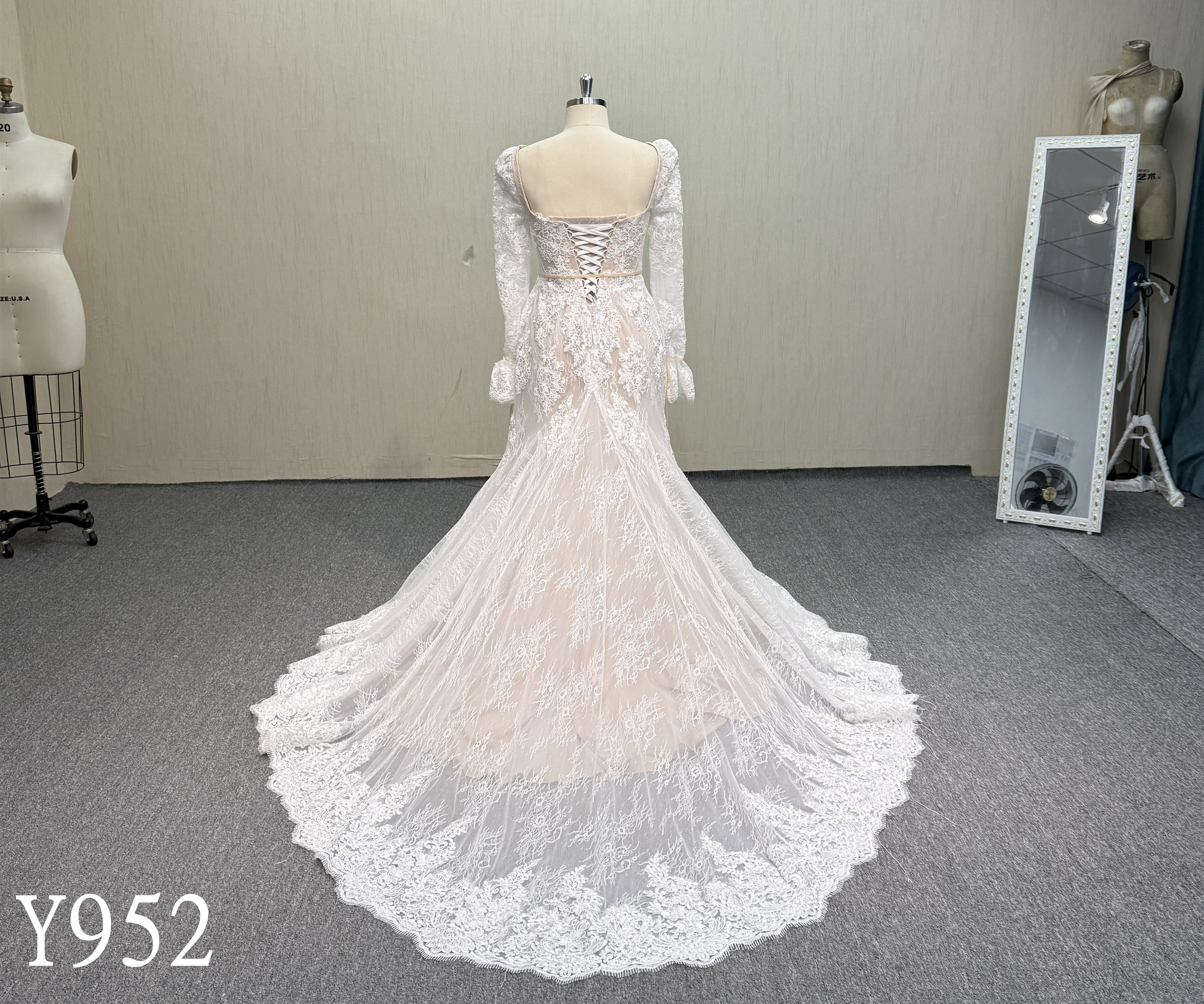 Y952  Champagne Fit-and-Flare Dress with Cathedral Lace Train.