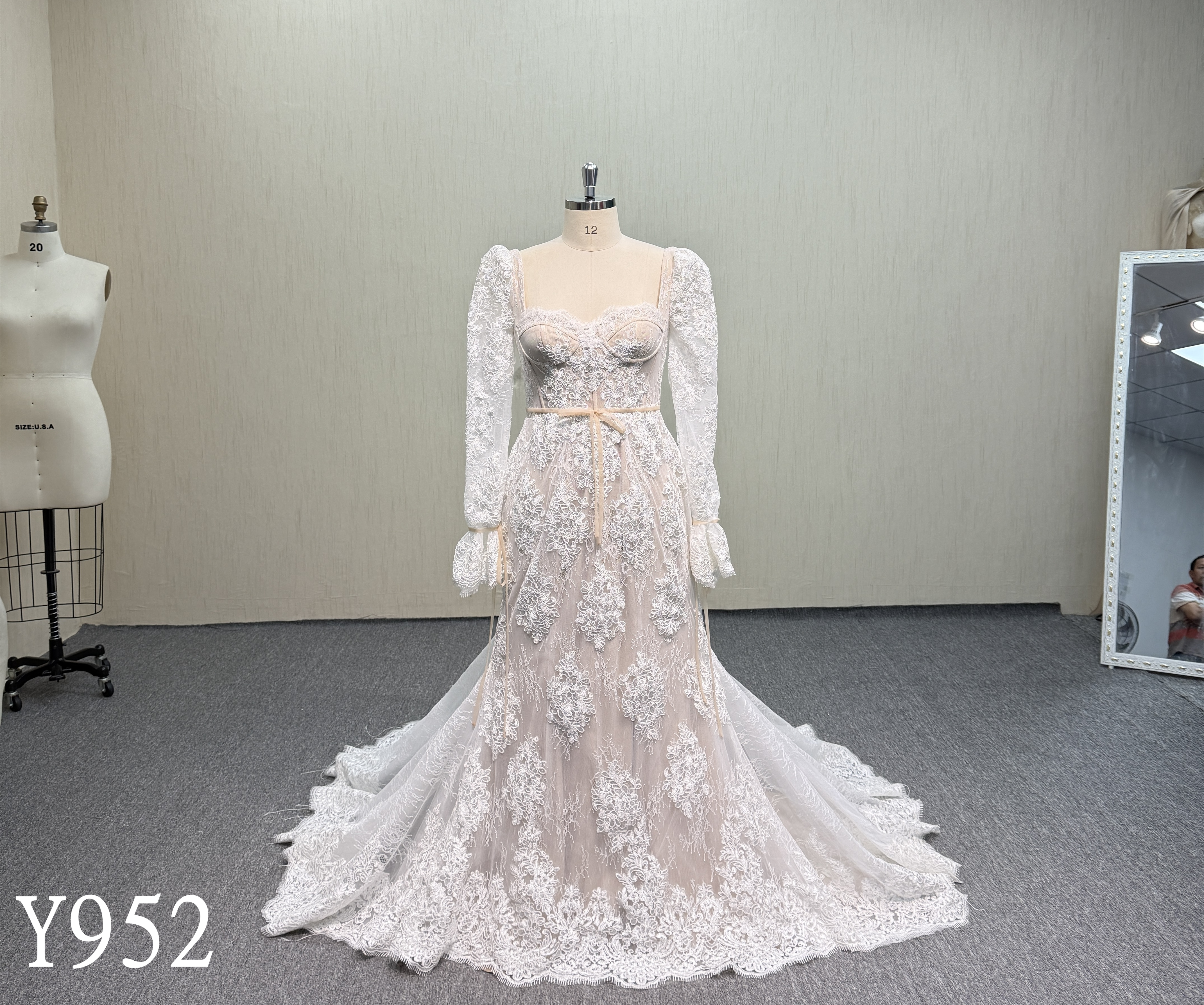 Y952  Champagne Fit-and-Flare Dress with Cathedral Lace Train.