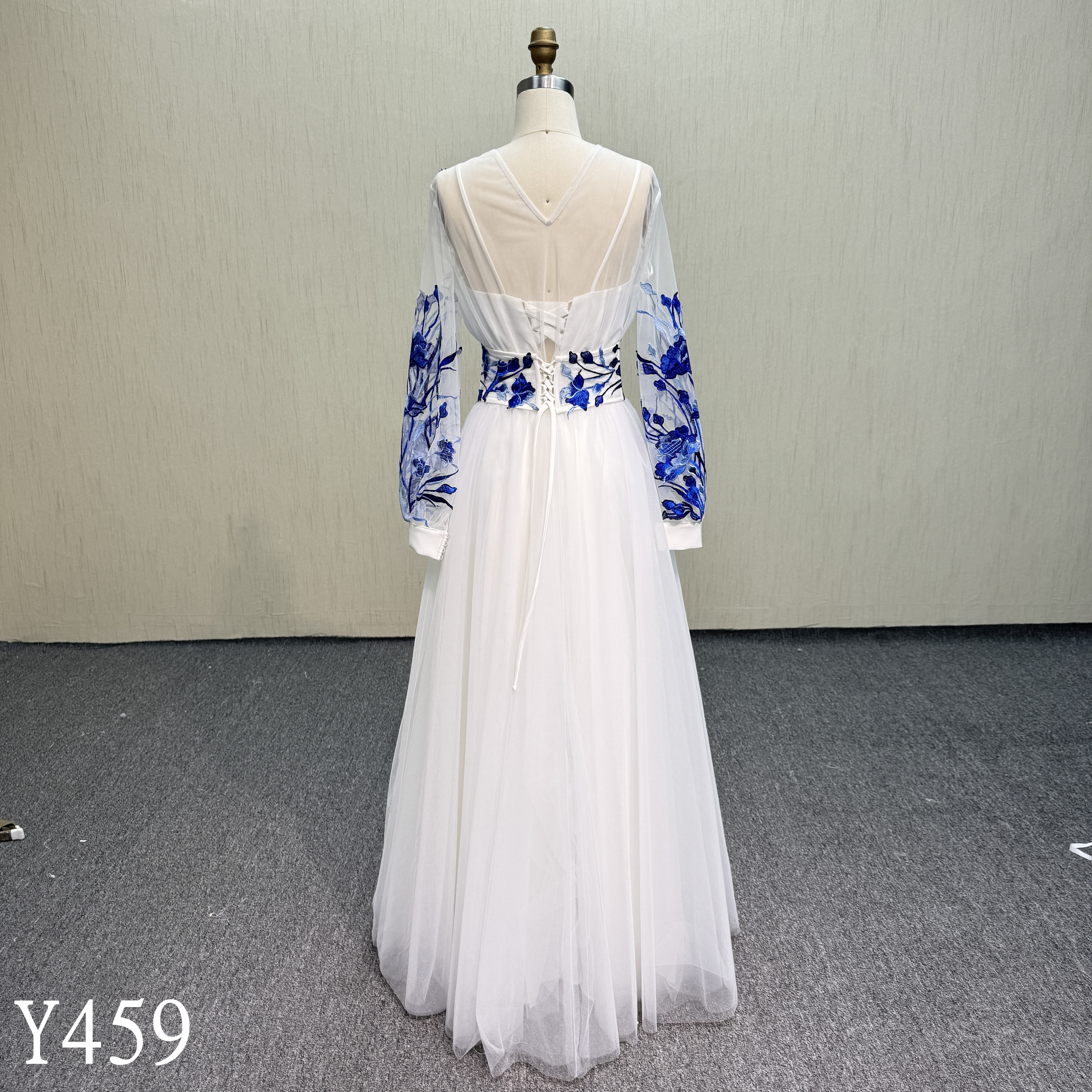 Y459 Long Sleeve Illusion Neckline Bridal Gown with Blue Appliques