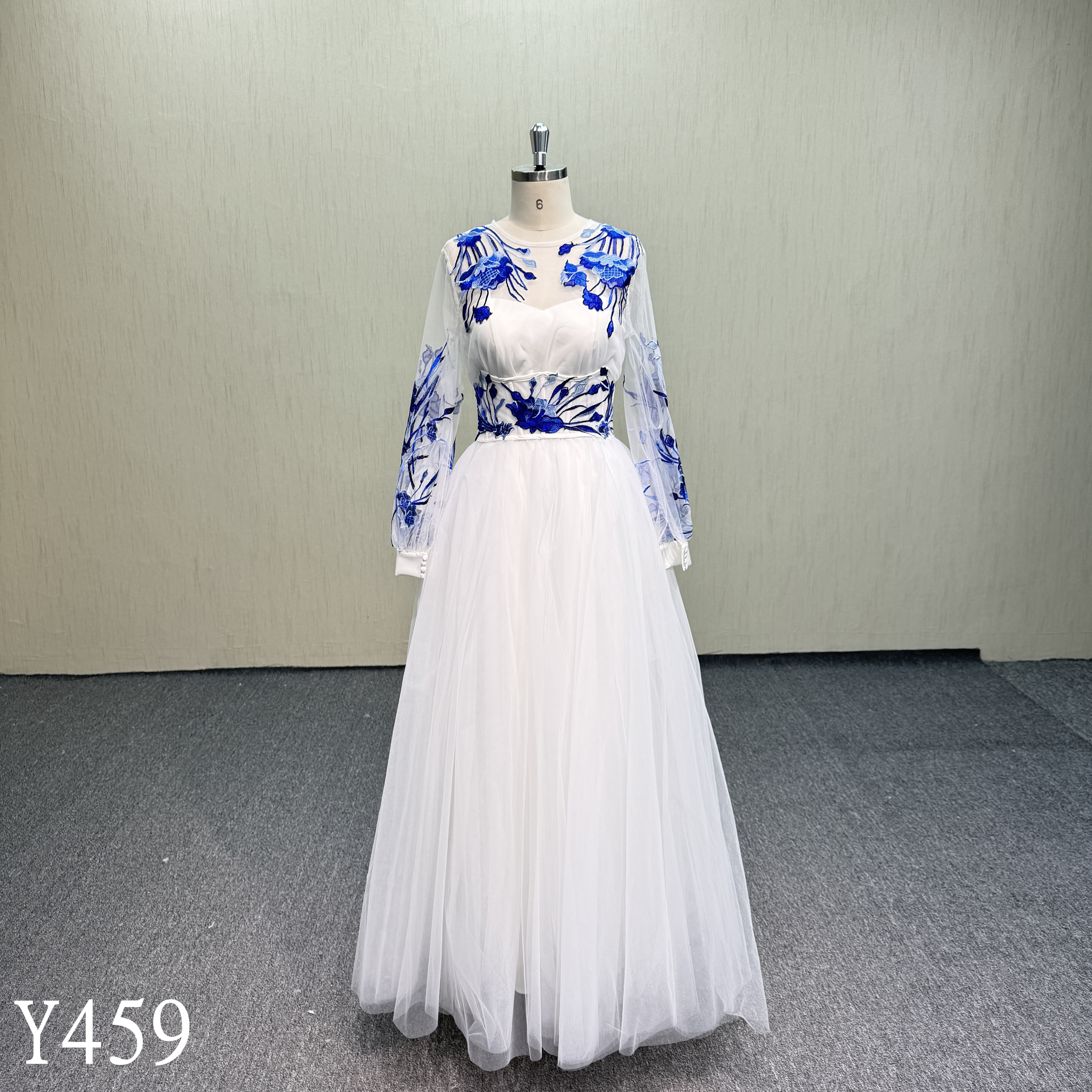 Y459 Long Sleeve Illusion Neckline Bridal Gown with Blue Appliques