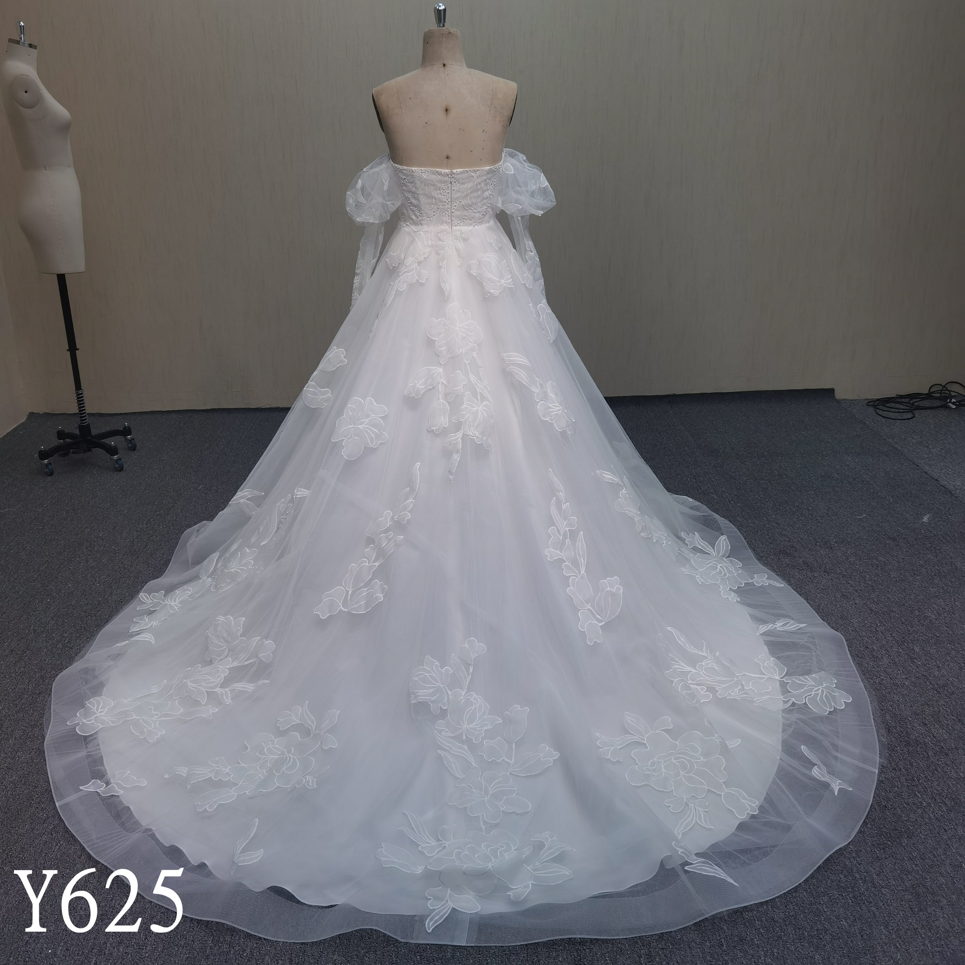 Y625 Off-the-Shoulder Organza Gown with Button-Back Detail