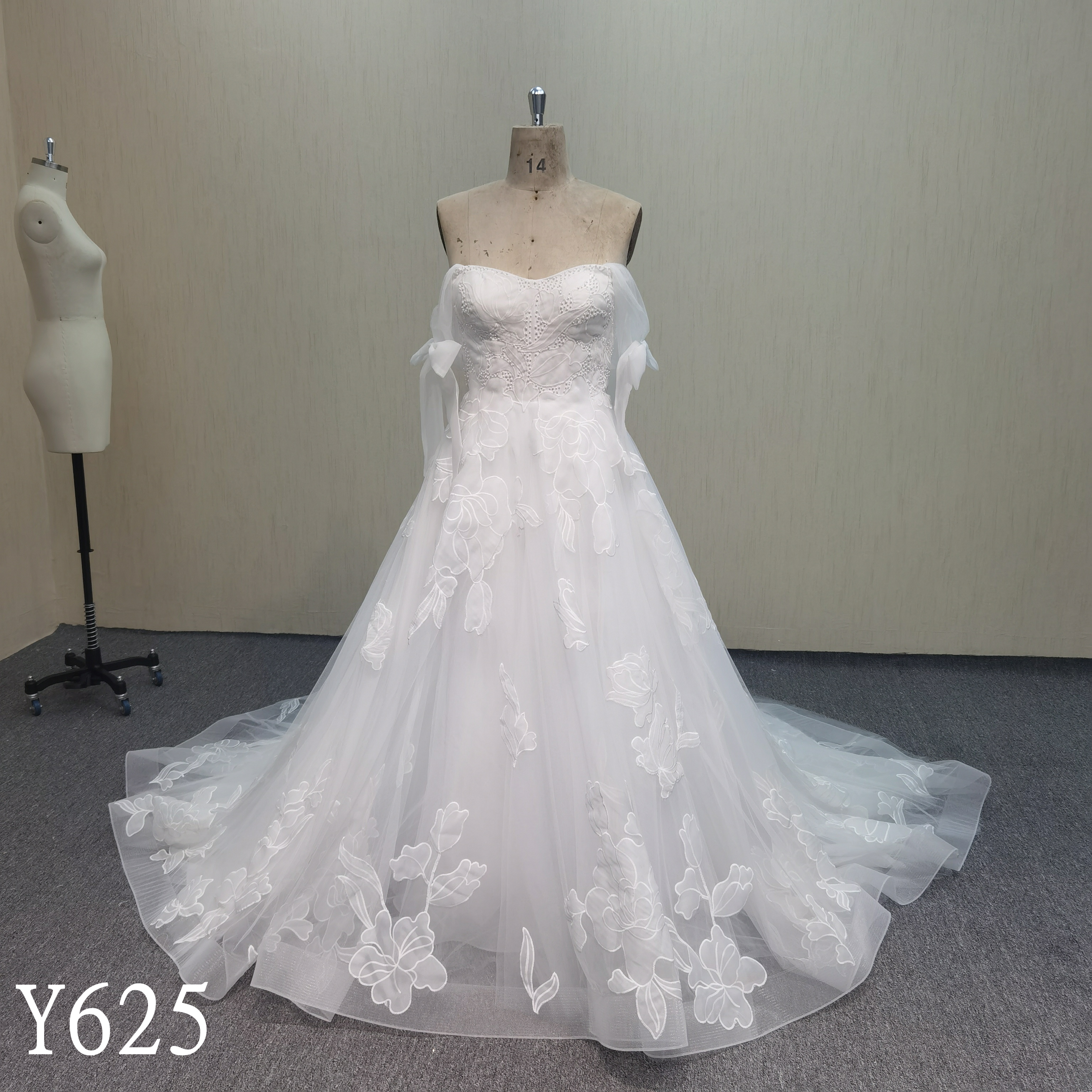 Y625 Off-the-Shoulder Organza Gown with Button-Back Detail