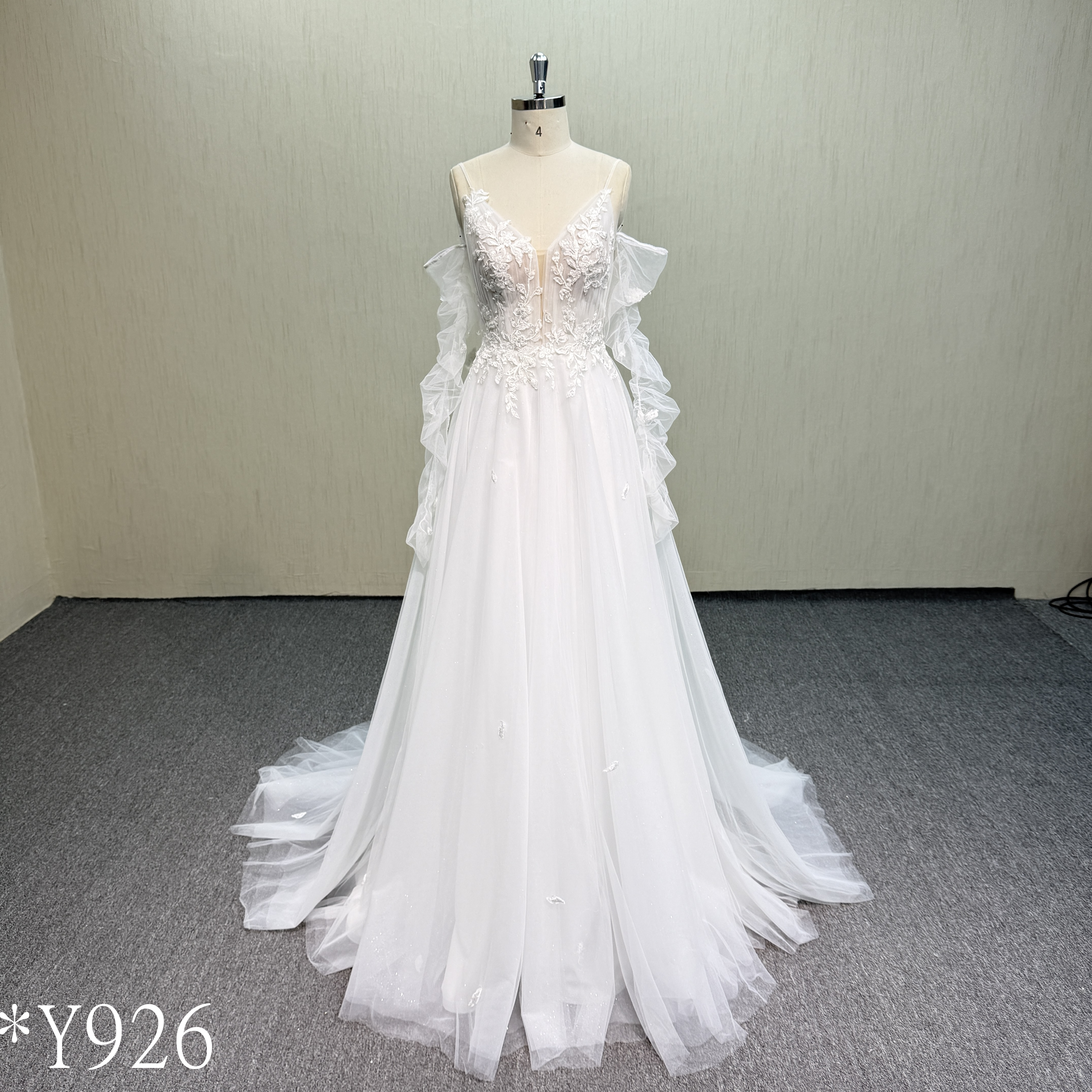 Y926  Plunging V-Neck Tulle Bridal Gown with Floral Lace Appliques