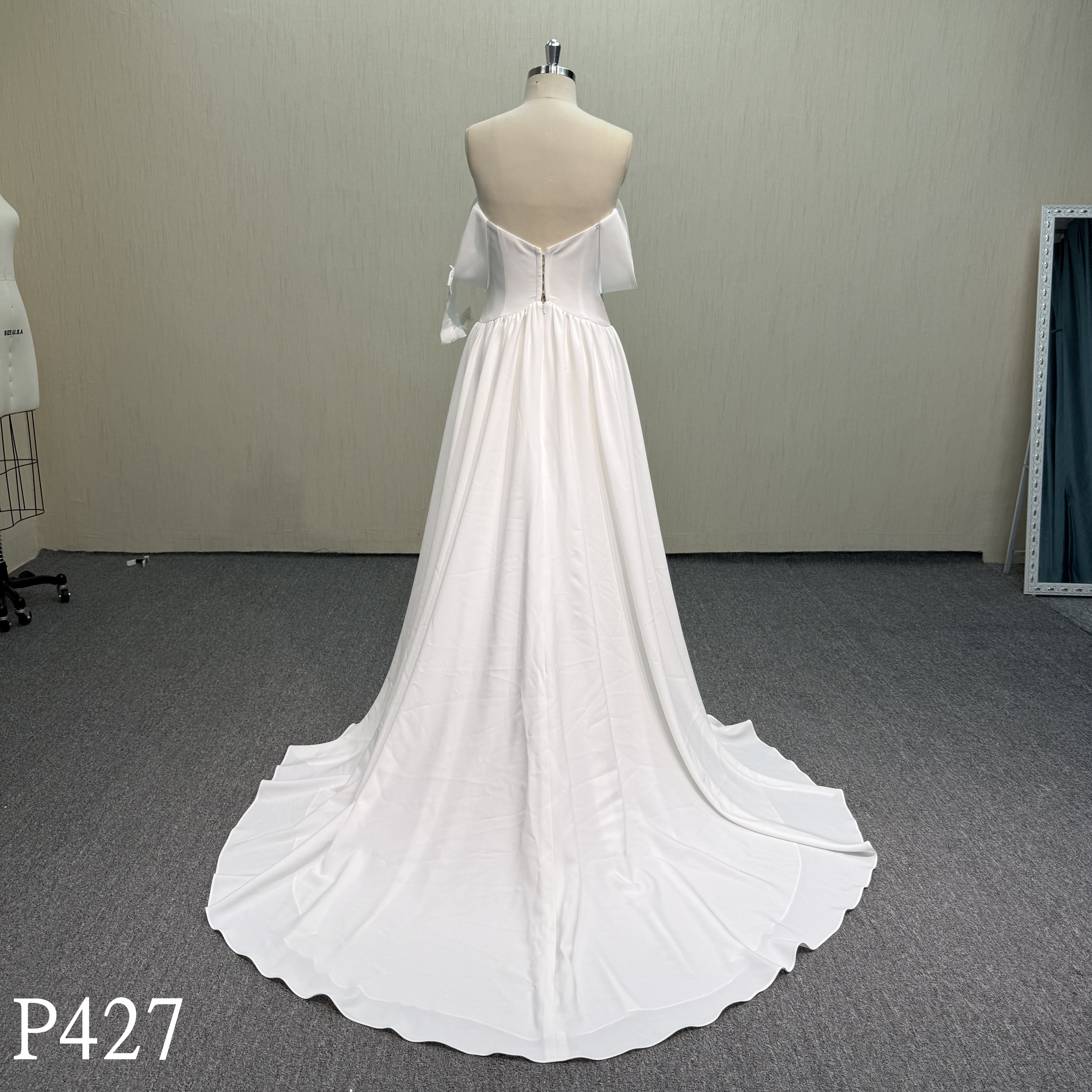 P427 Elegant Off-the-Shoulder Satin A-Line Wedding Dress.