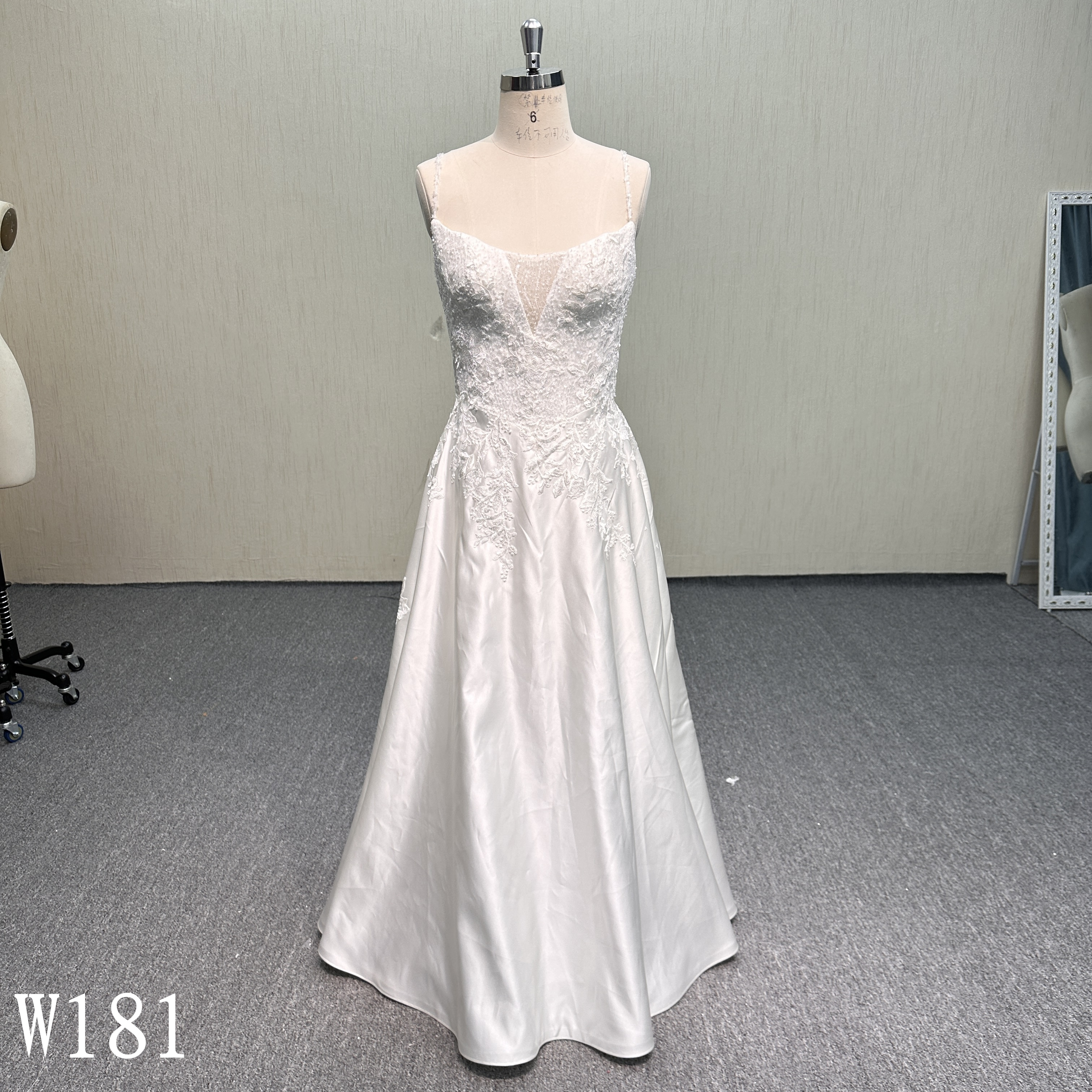 W181 Minimalist V-Neck Lace Applique Dress for Modern Brides.